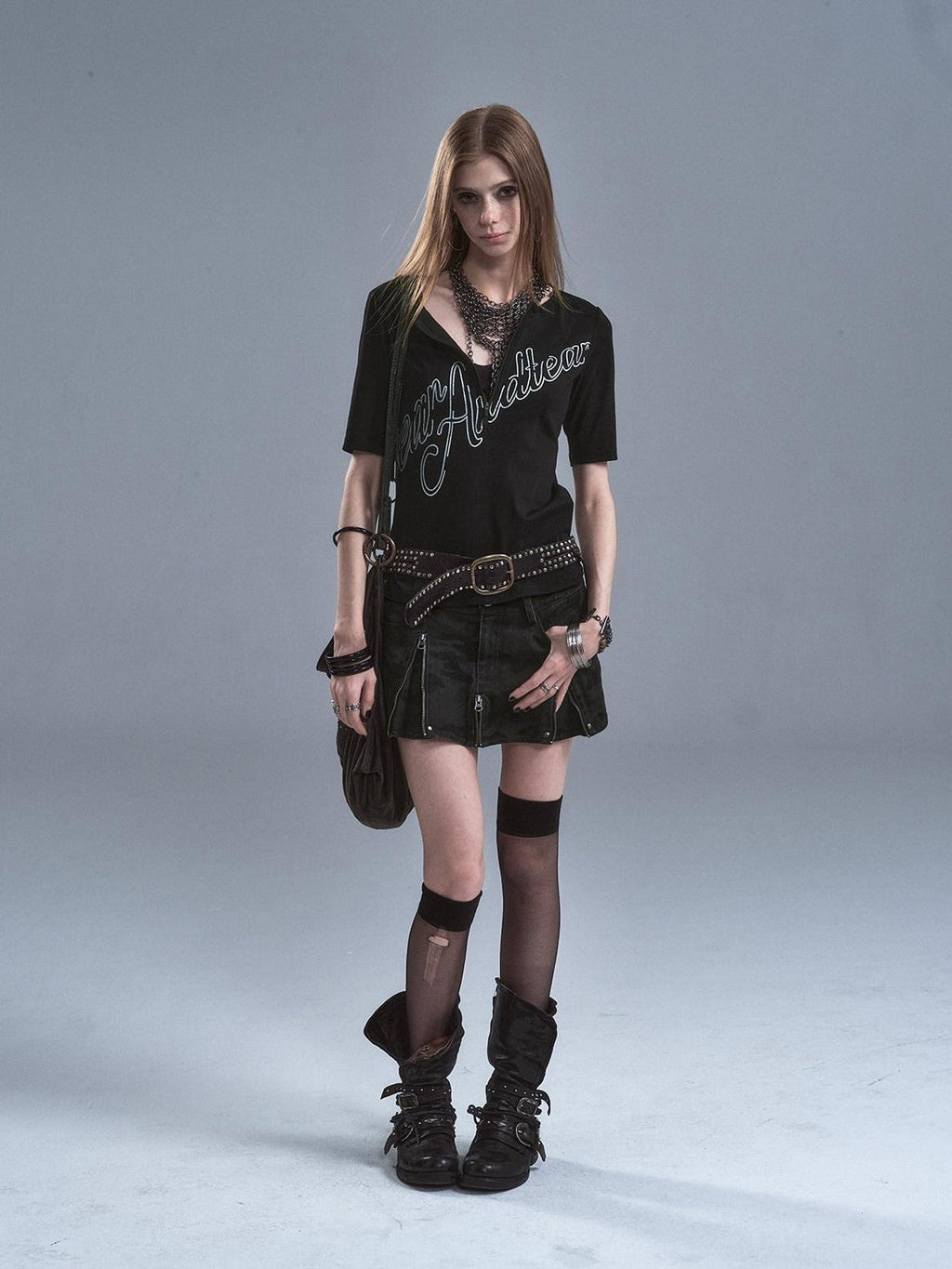Dark Gray Camo Multi Zipper Studded Pleated Low Waist Women'S Cotton Mini Skirts