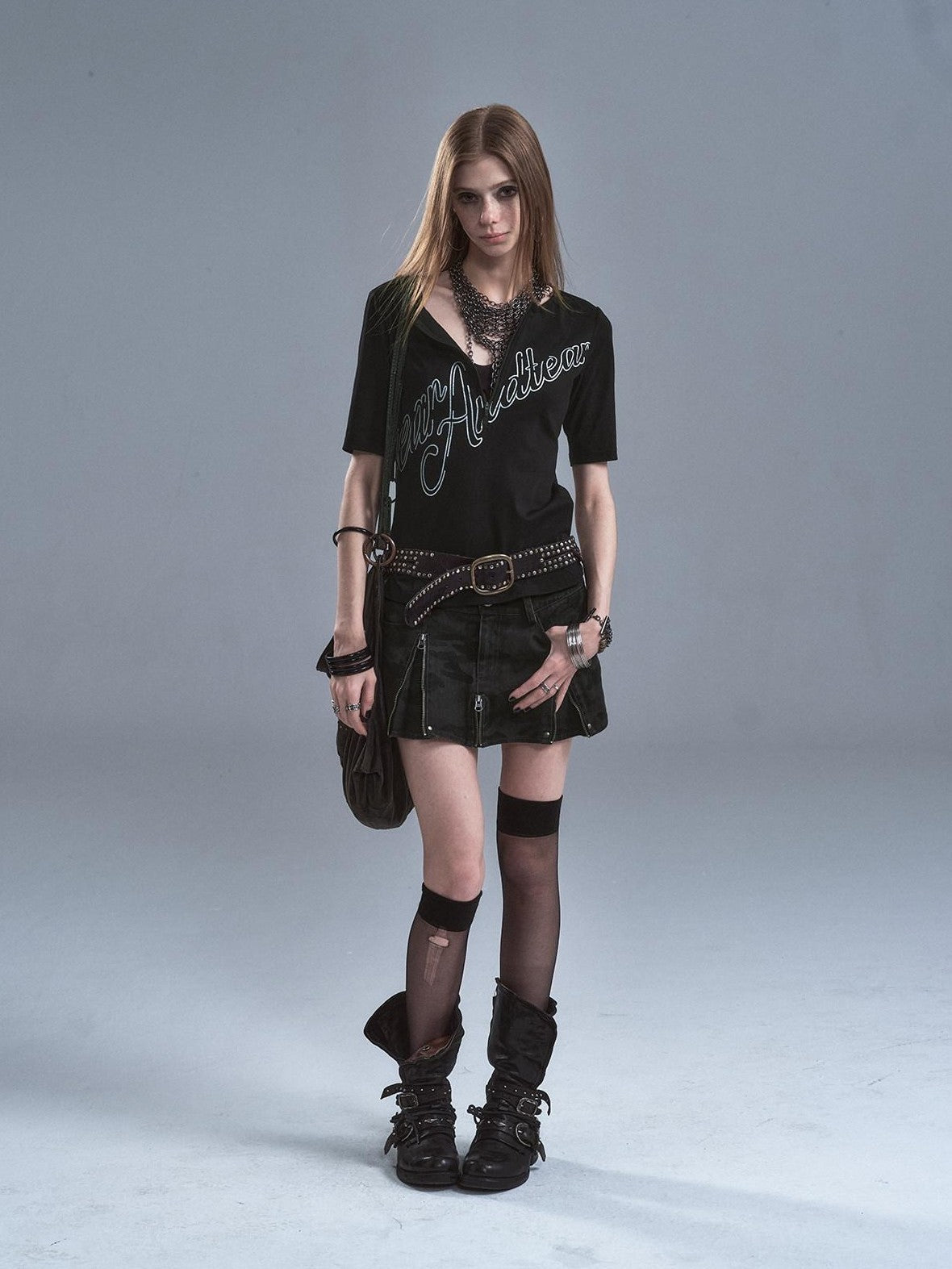 Dark Gray Camo Multi Zipper Studded Pleated Low Waist Women'S Cotton Mini Skirts