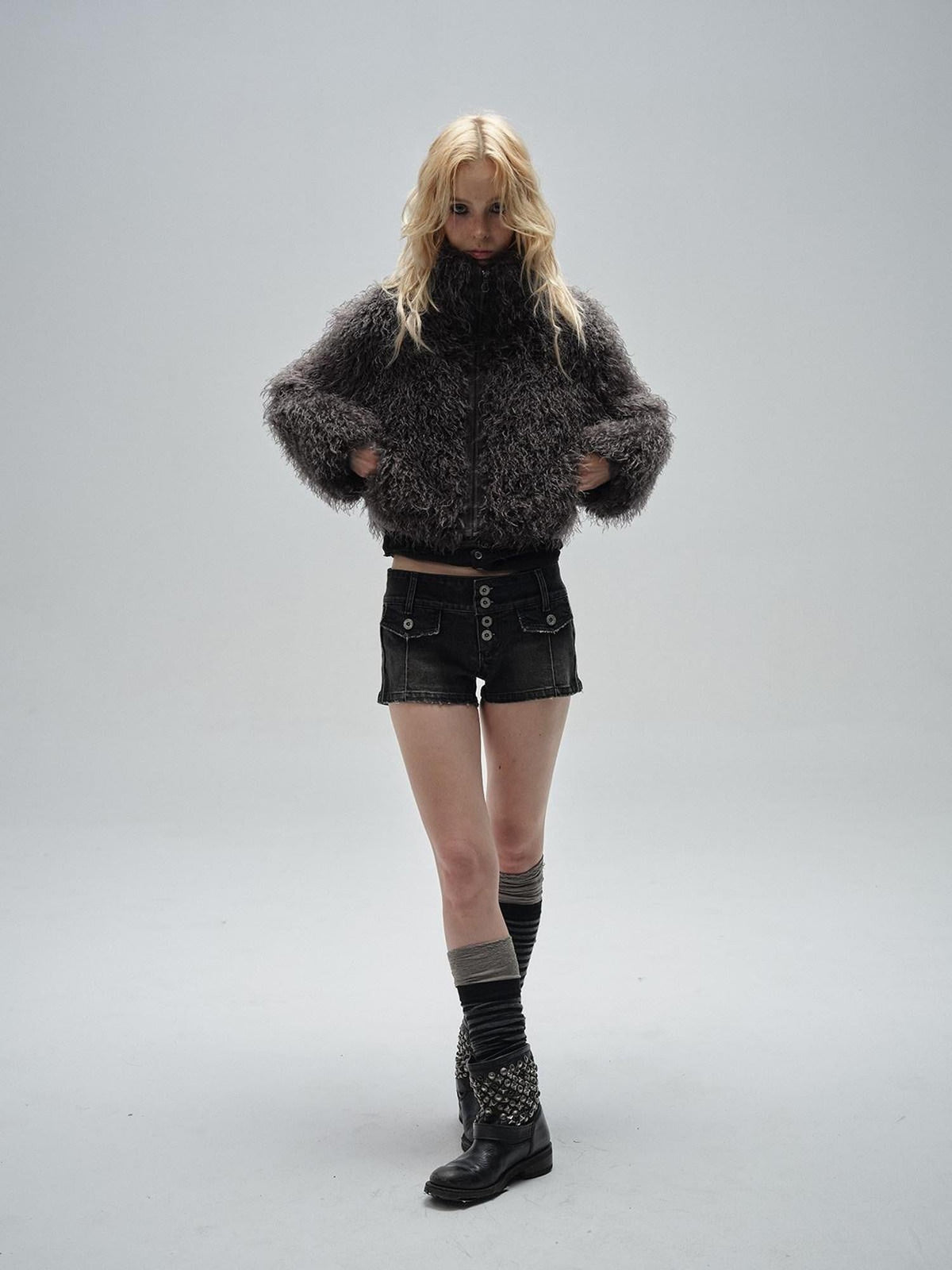 Dark Gray Faux Fur Stand Collar Zipper Women's Polyester Cropped Jackets