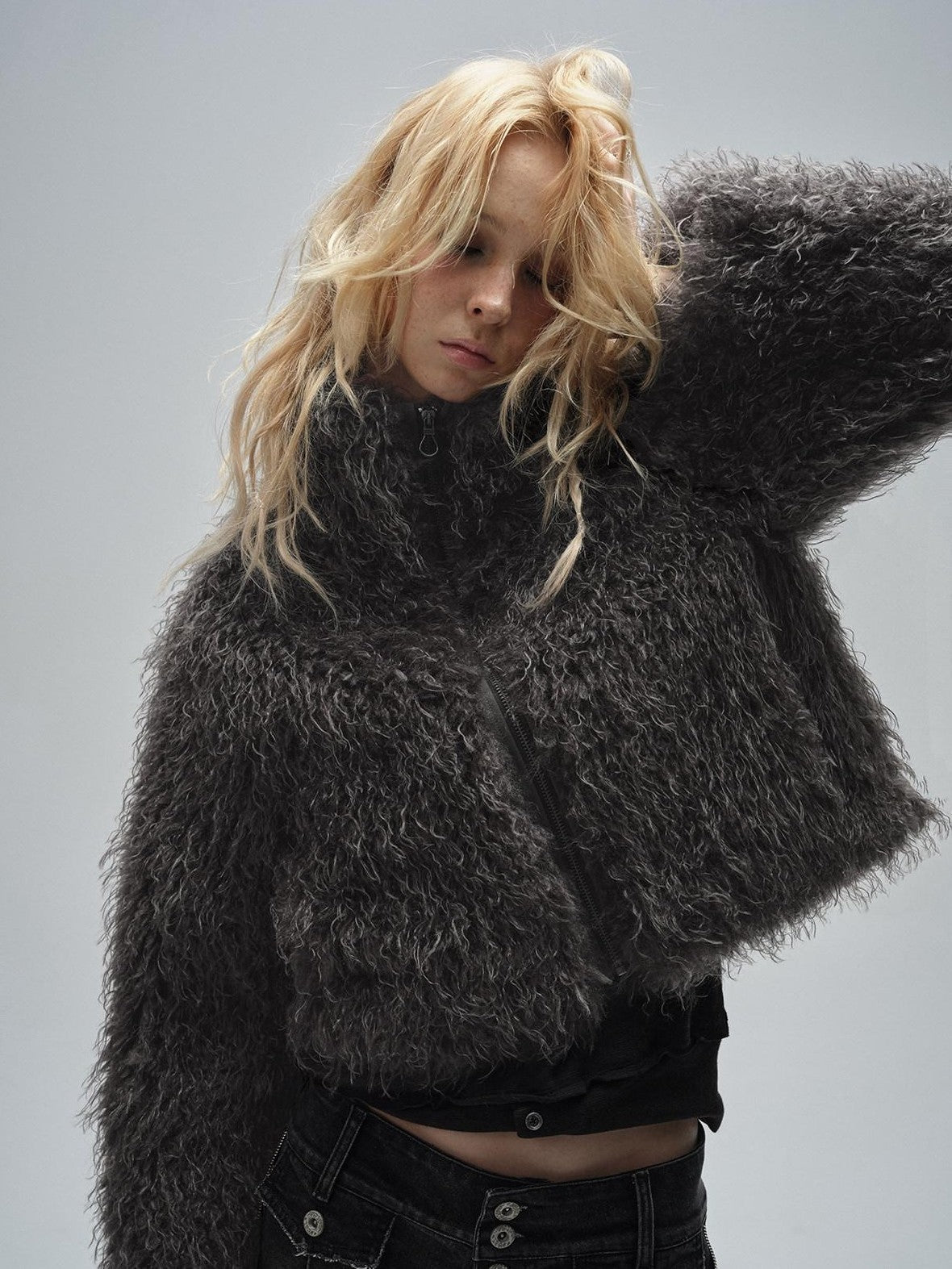 Dark Gray Faux Fur Stand Collar Zipper Women's Polyester Cropped Jackets