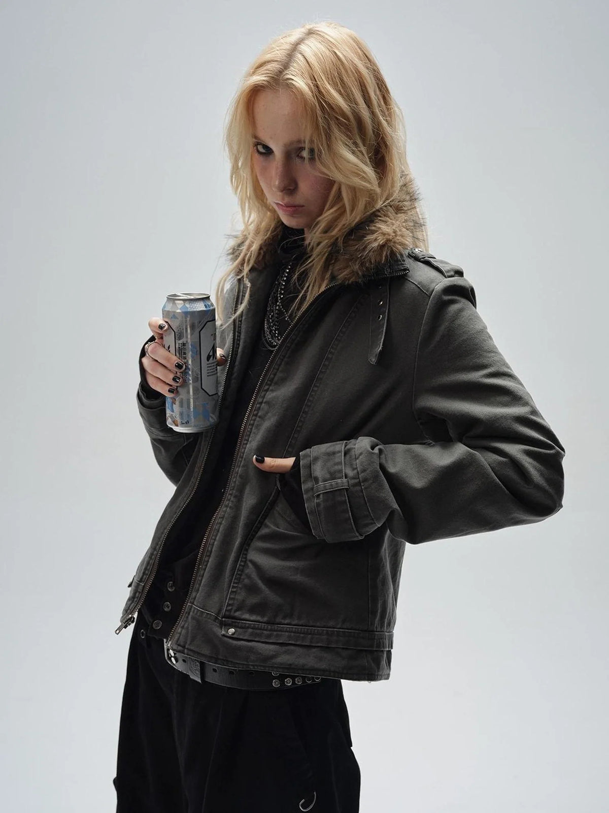 Detachable Fur Collar Quilted Cotton Washed Jacket