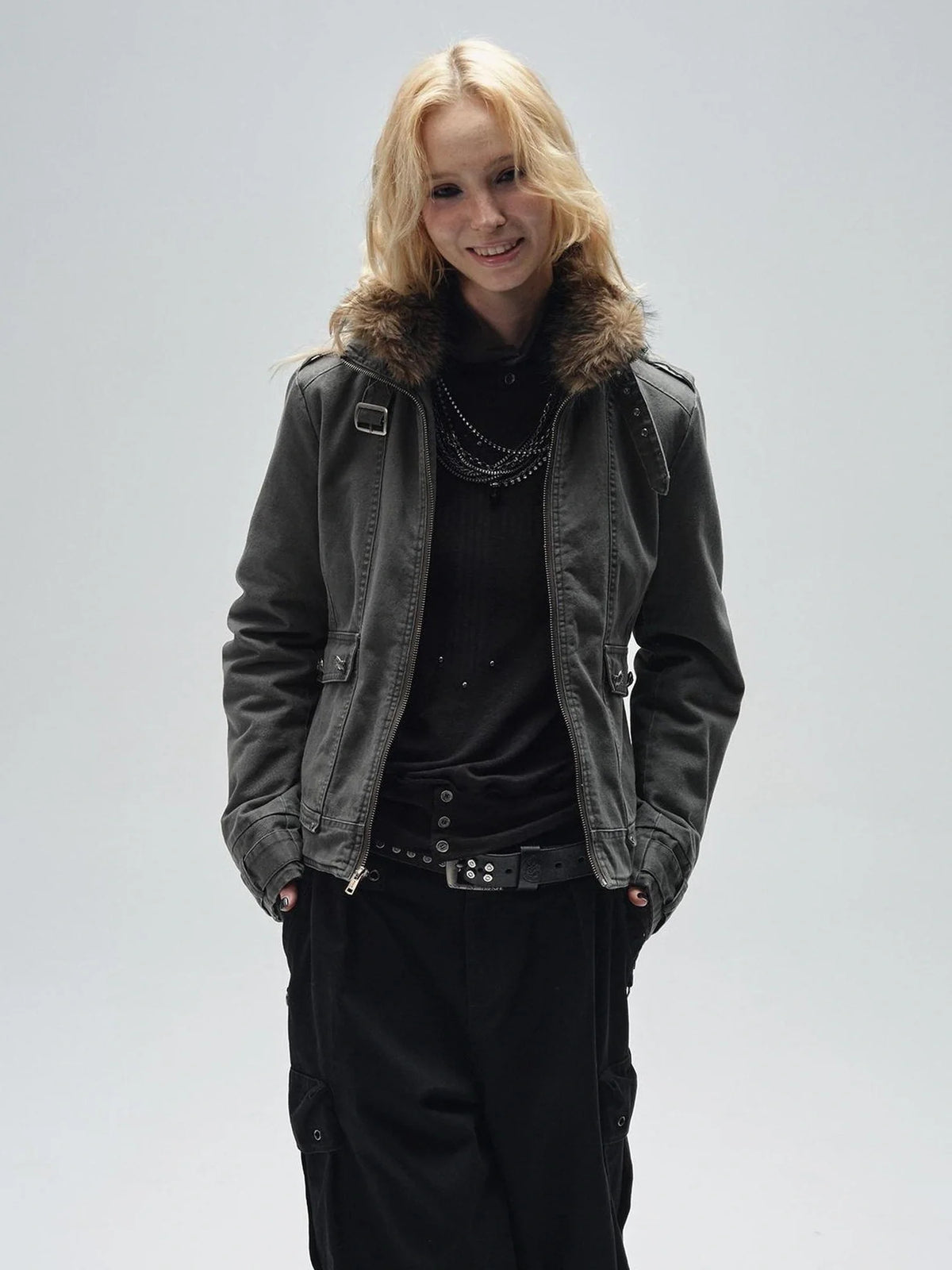Detachable Fur Collar Quilted Cotton Washed Jacket