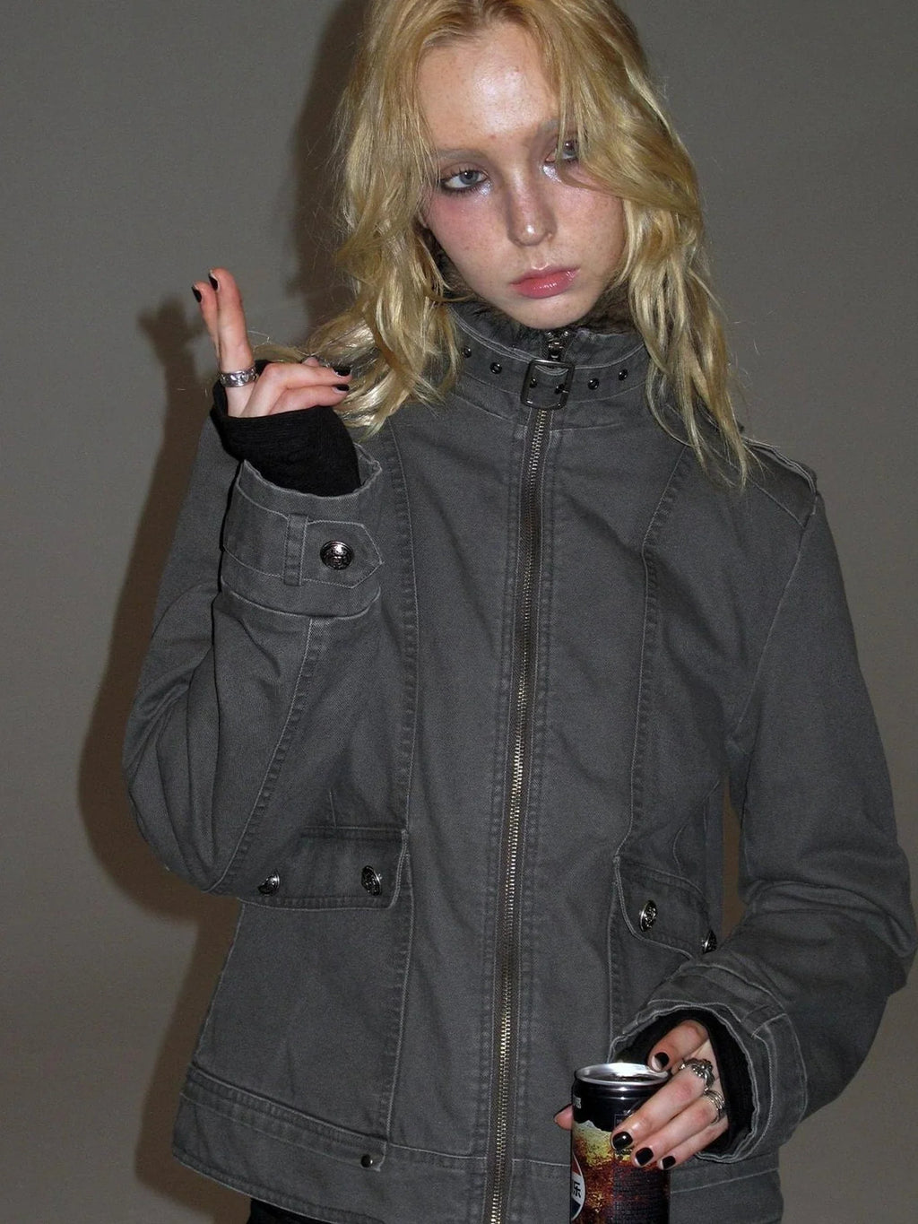 Detachable Fur Collar Quilted Cotton Washed Jacket