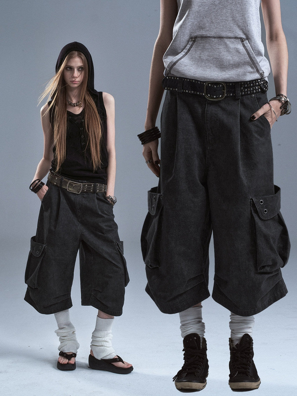 Distressed Metal Rivets 3D Pocket Pleated Cargo Women'S Cotton Wide-Leg Pants