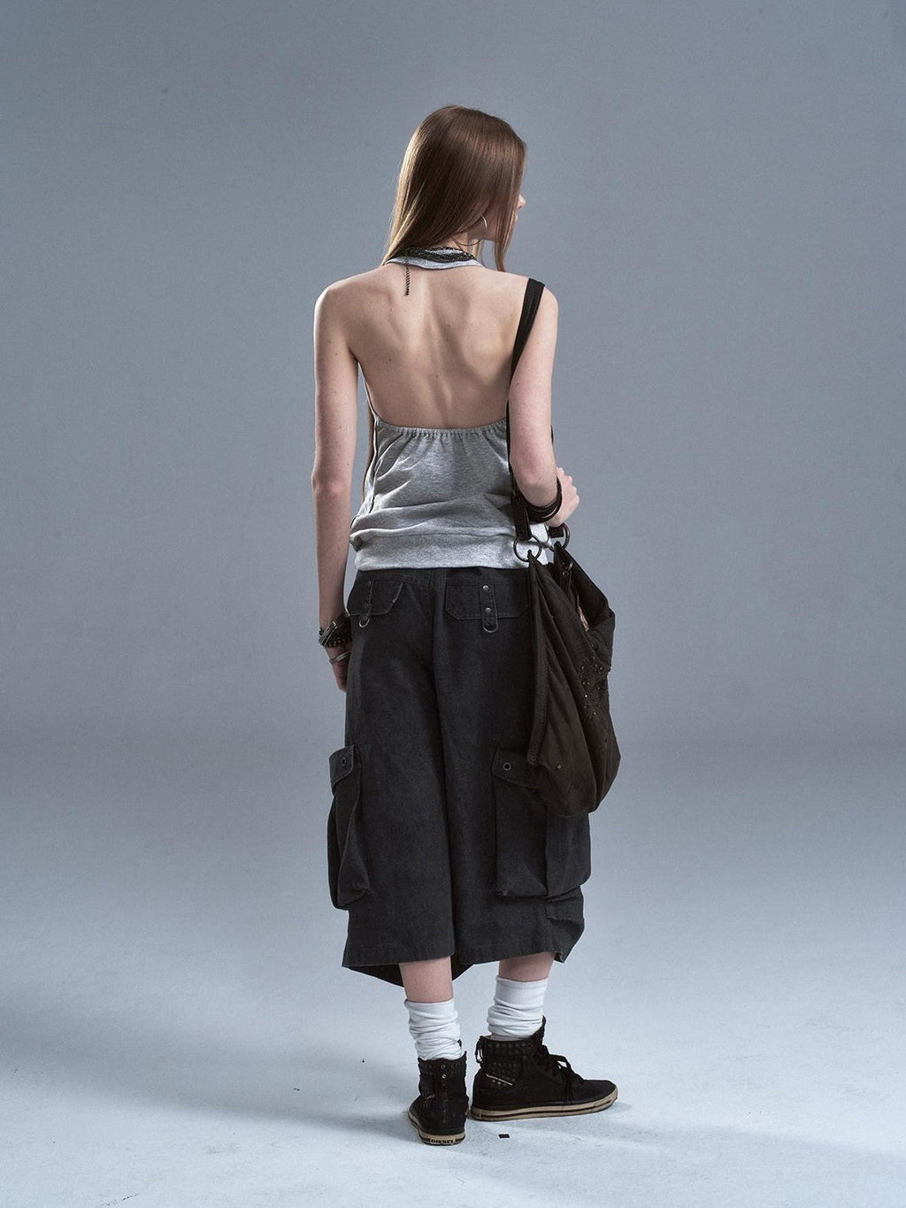 Distressed Metal Rivets 3D Pocket Pleated Cargo Women'S Cotton Wide-Leg Pants