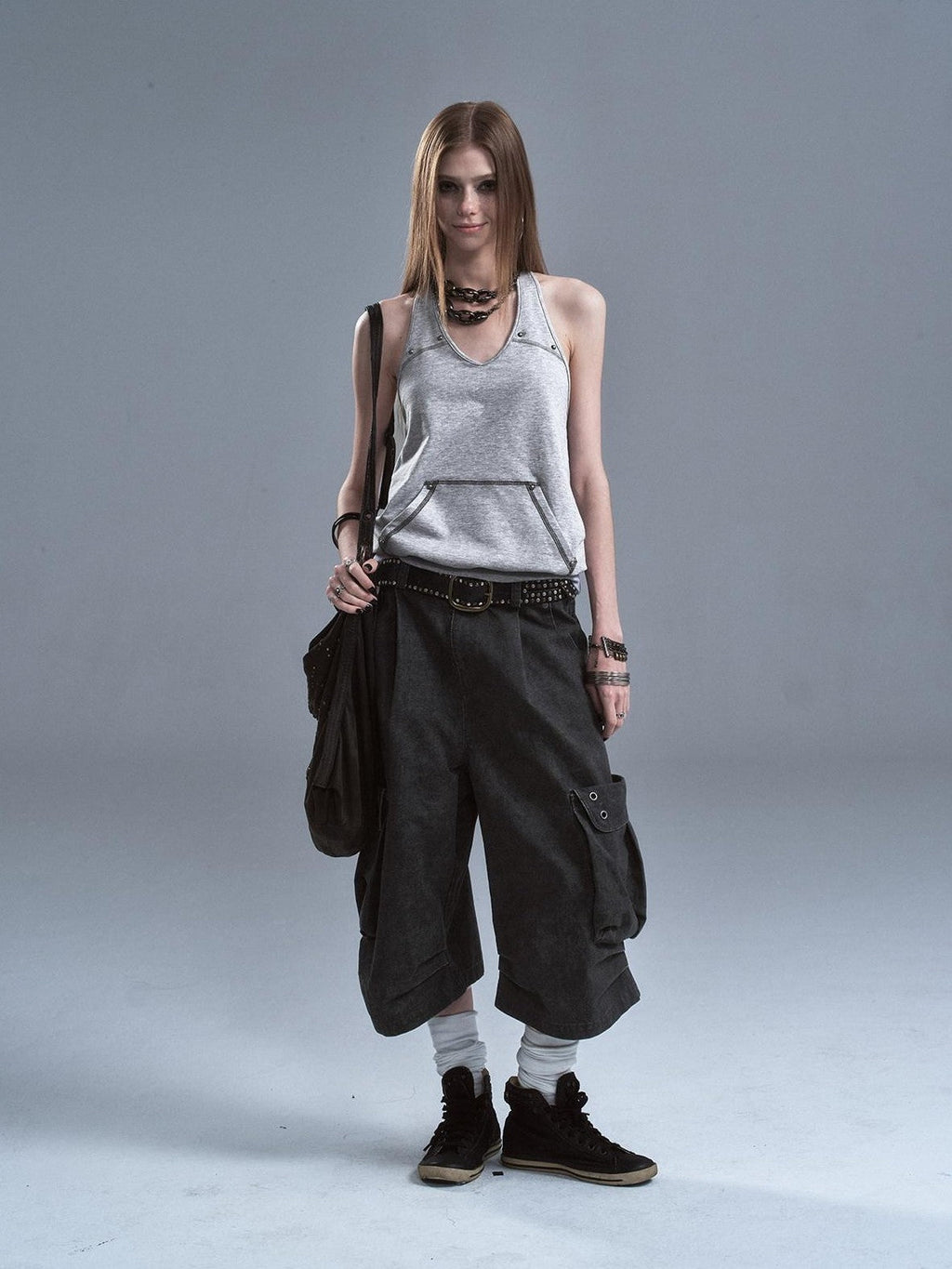 Distressed Metal Rivets 3D Pocket Pleated Cargo Women'S Cotton Wide-Leg Pants