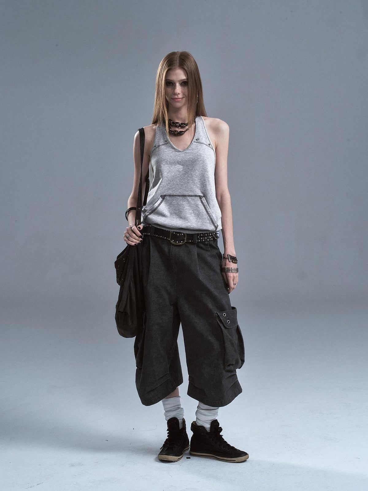 Distressed Metal Rivets 3D Pocket Pleated Cargo Women'S Cotton Wide-Leg Pants