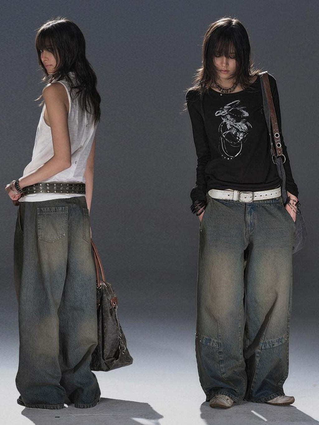 Distressed Punk Rivet Wide Leg Natural Waist Unisex Dirty Blue Denim Jeans