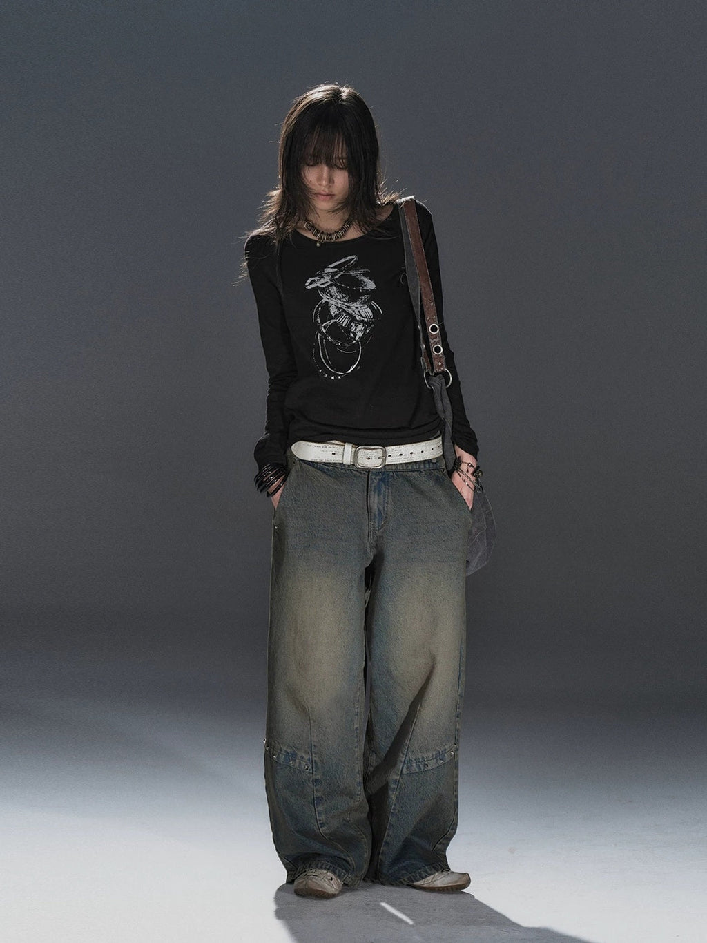 Distressed Punk Rivet Wide Leg Natural Waist Unisex Dirty Blue Denim Jeans