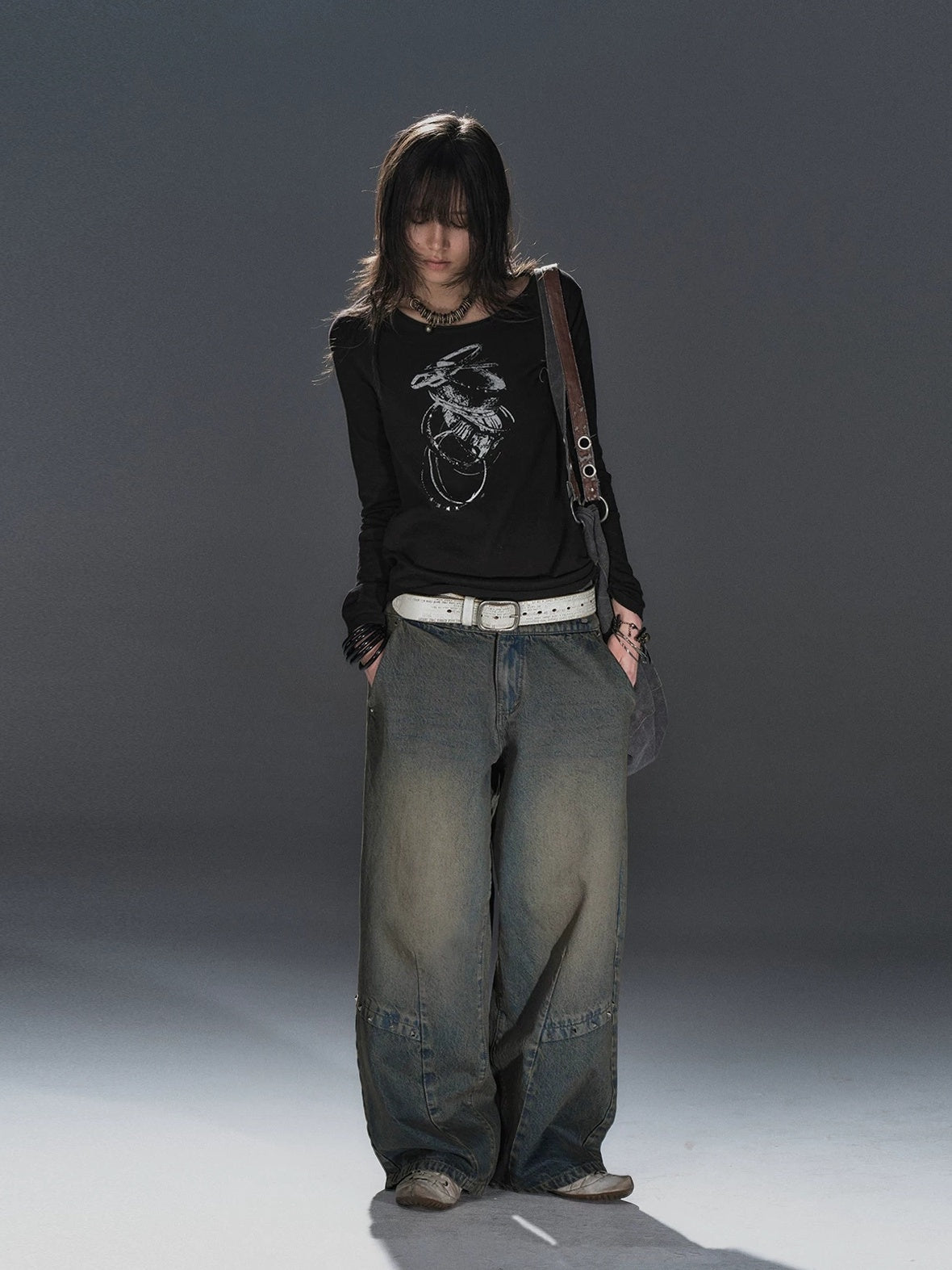 Distressed Punk Rivet Wide Leg Natural Waist Unisex Dirty Blue Denim Jeans