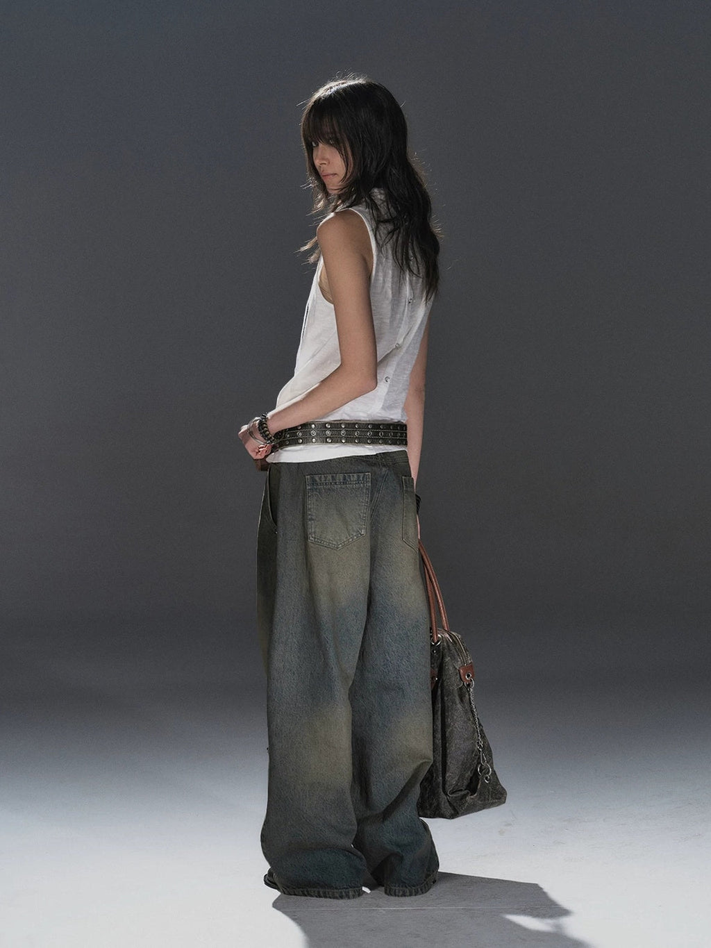 Distressed Punk Rivet Wide Leg Natural Waist Unisex Dirty Blue Denim Jeans