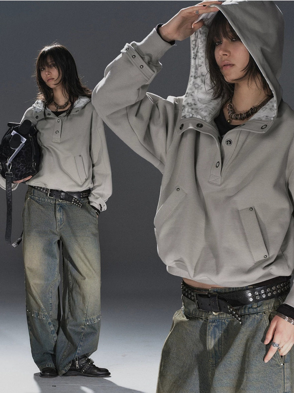 Double Layer Leopard Cropped Oversized Punk Hooded Cotton Pocket Women Hoodies