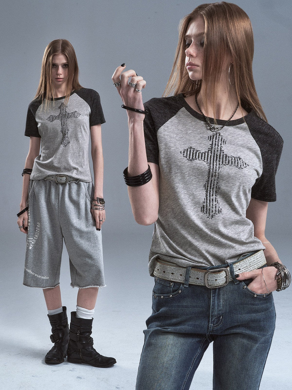 Gray Patchwork Cross Print Rhinestone Women'S Tencel Short Sleeve T-Shirts