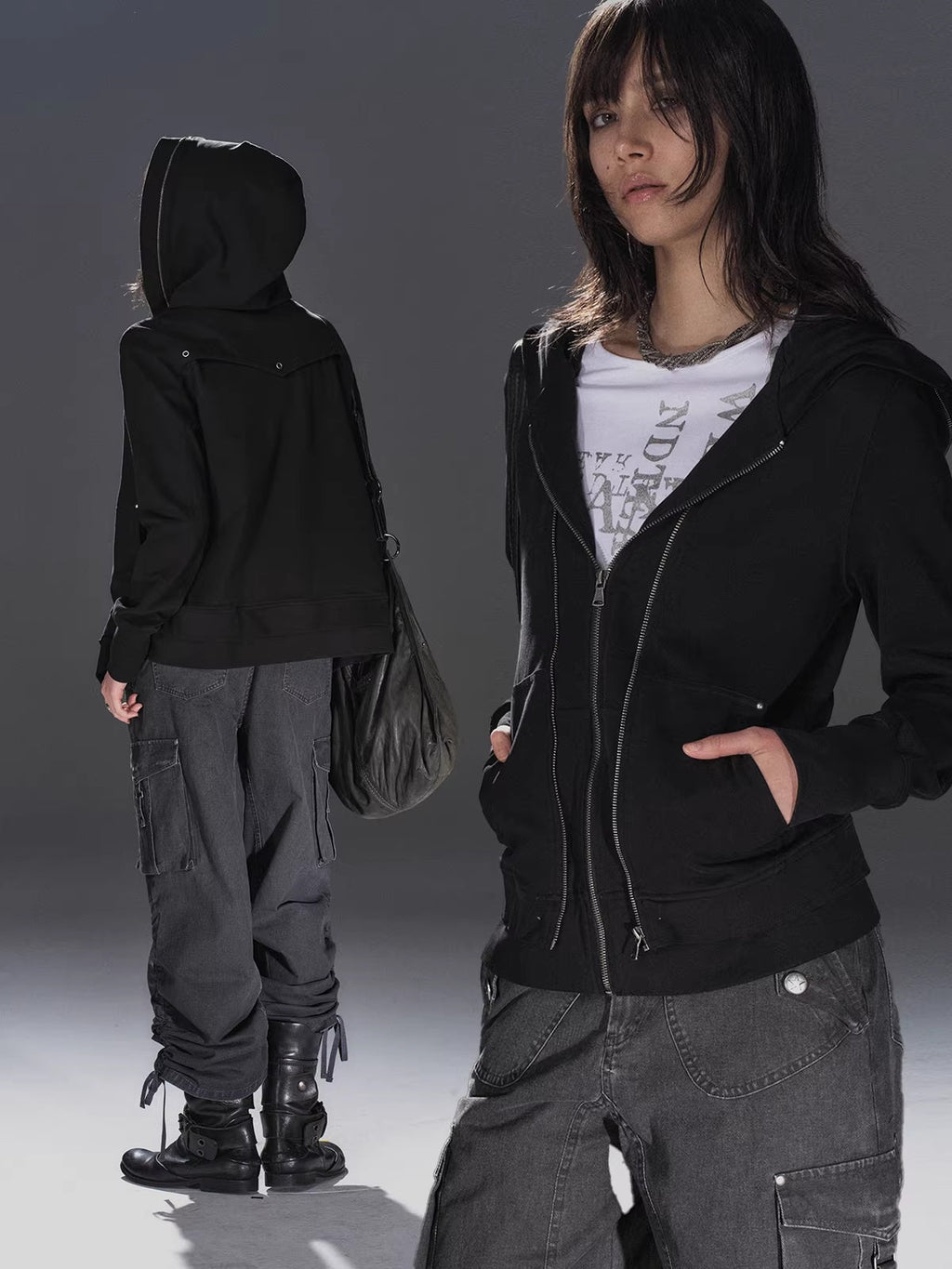 Pure Cotton Lightweight Slim Zip Punk Studded Hooded Women Black Pocket Hoodies