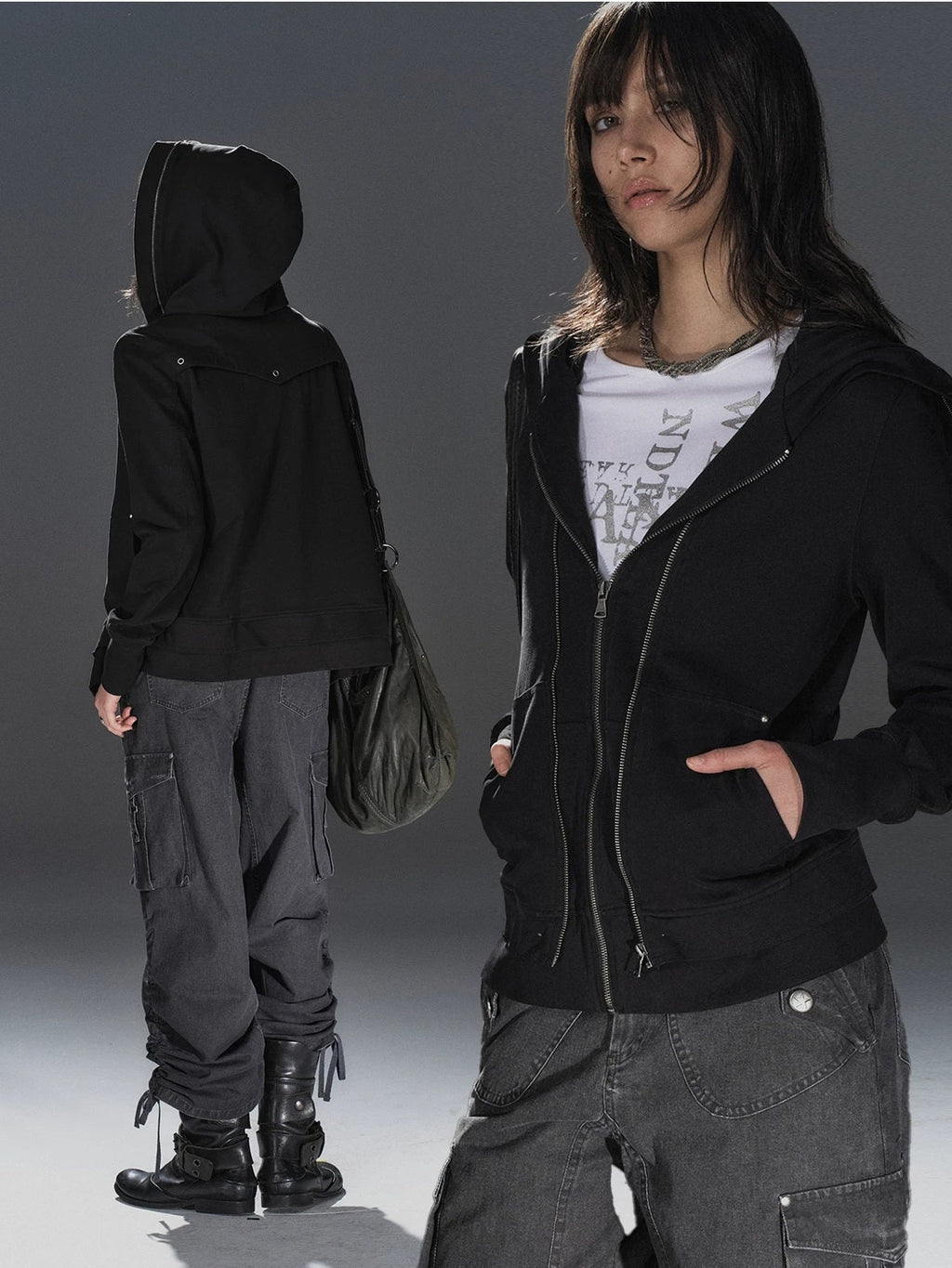 Pure Cotton Lightweight Slim Zip Punk Studded Hooded Women Black Pocket Hoodies