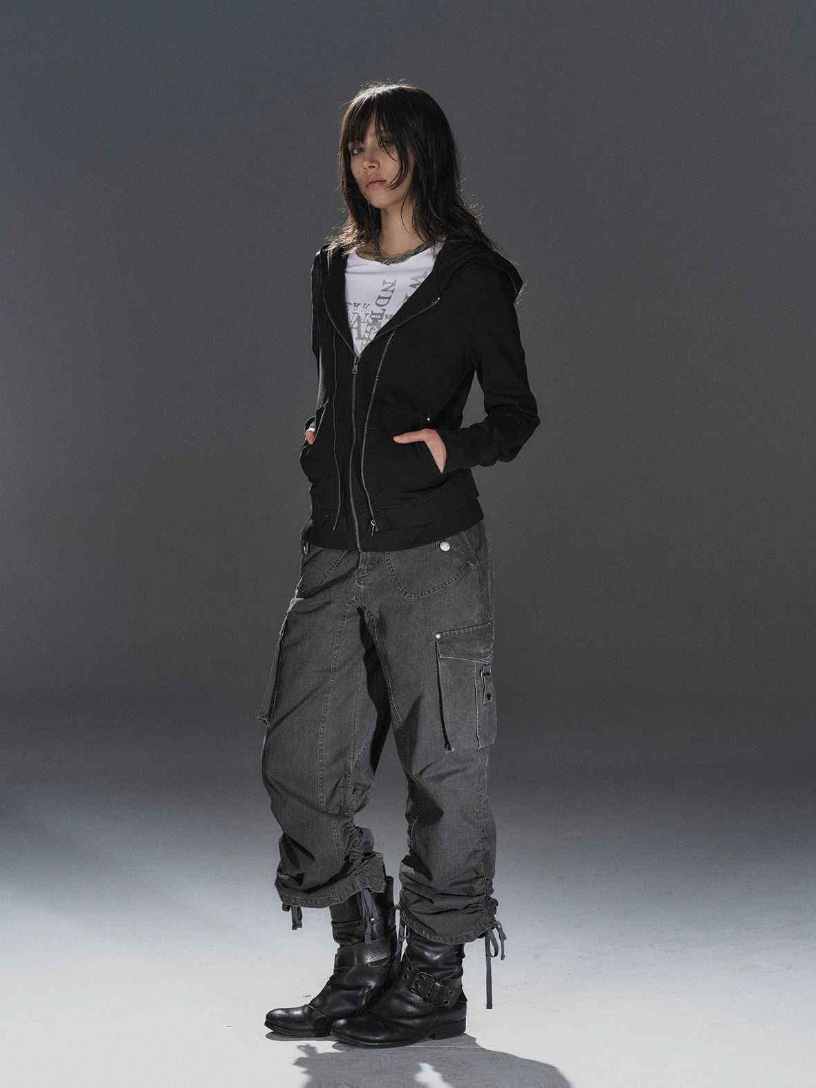 Pure Cotton Lightweight Slim Zip Punk Studded Hooded Women Black Pocket Hoodies