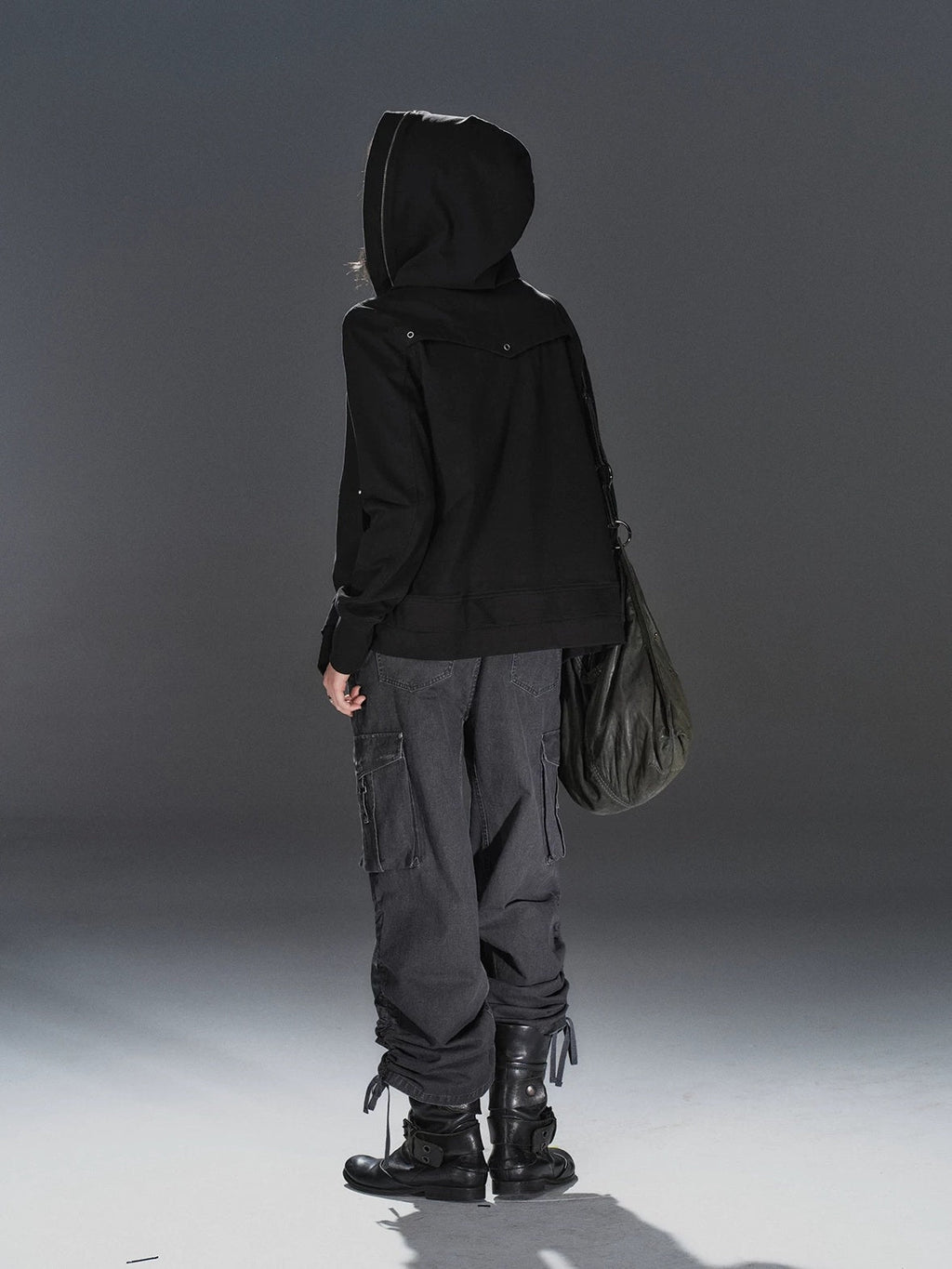 Pure Cotton Lightweight Slim Zip Punk Studded Hooded Women Black Pocket Hoodies