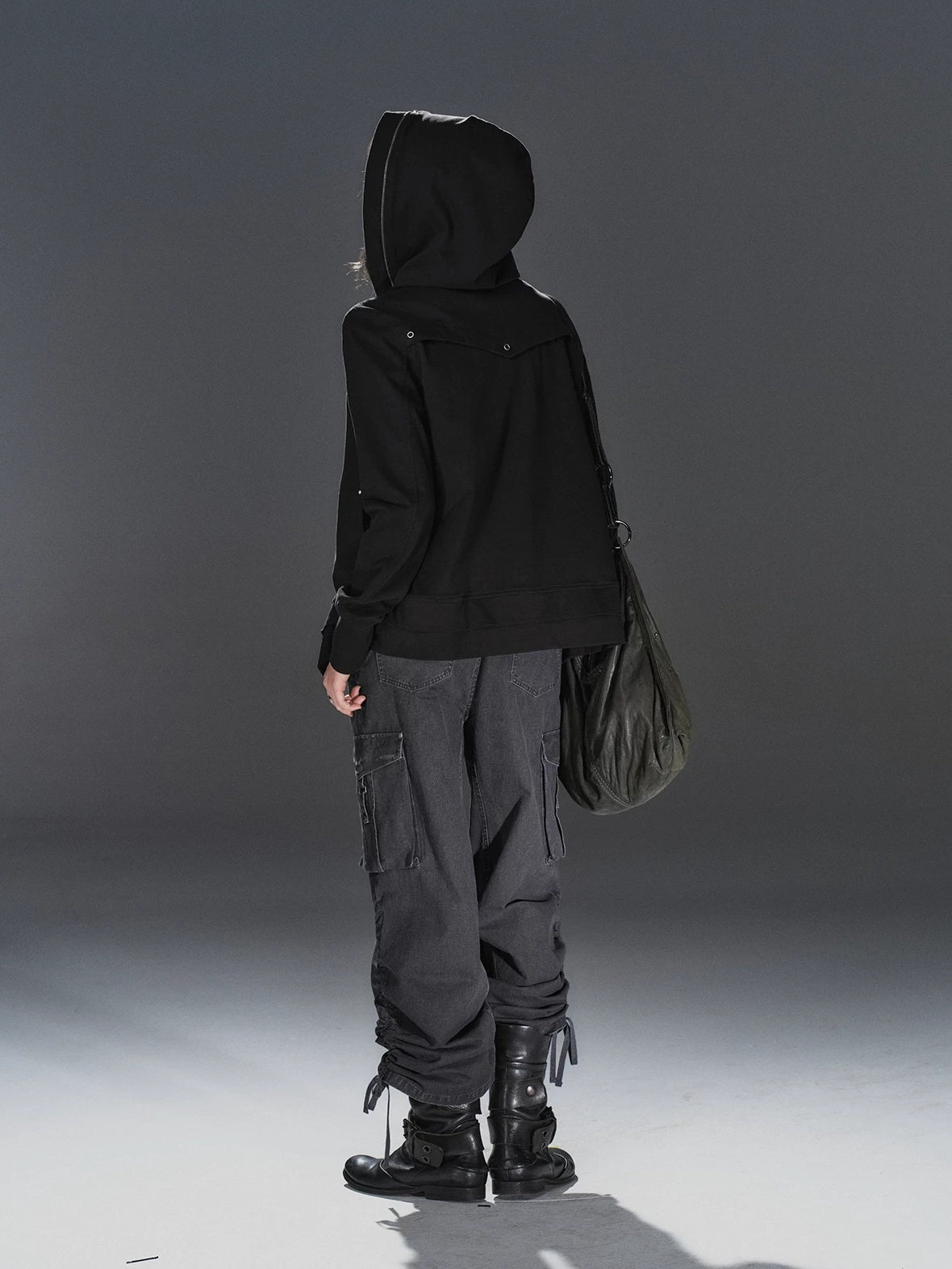 Pure Cotton Lightweight Slim Zip Punk Studded Hooded Women Black Pocket Hoodies