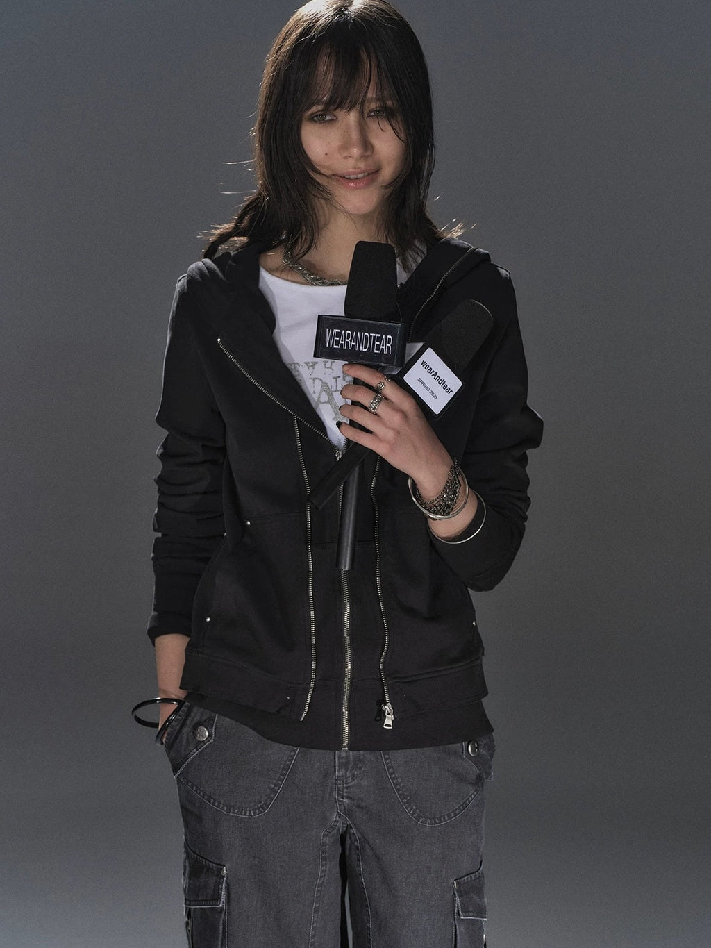 Pure Cotton Lightweight Slim Zip Punk Studded Hooded Women Black Pocket Hoodies