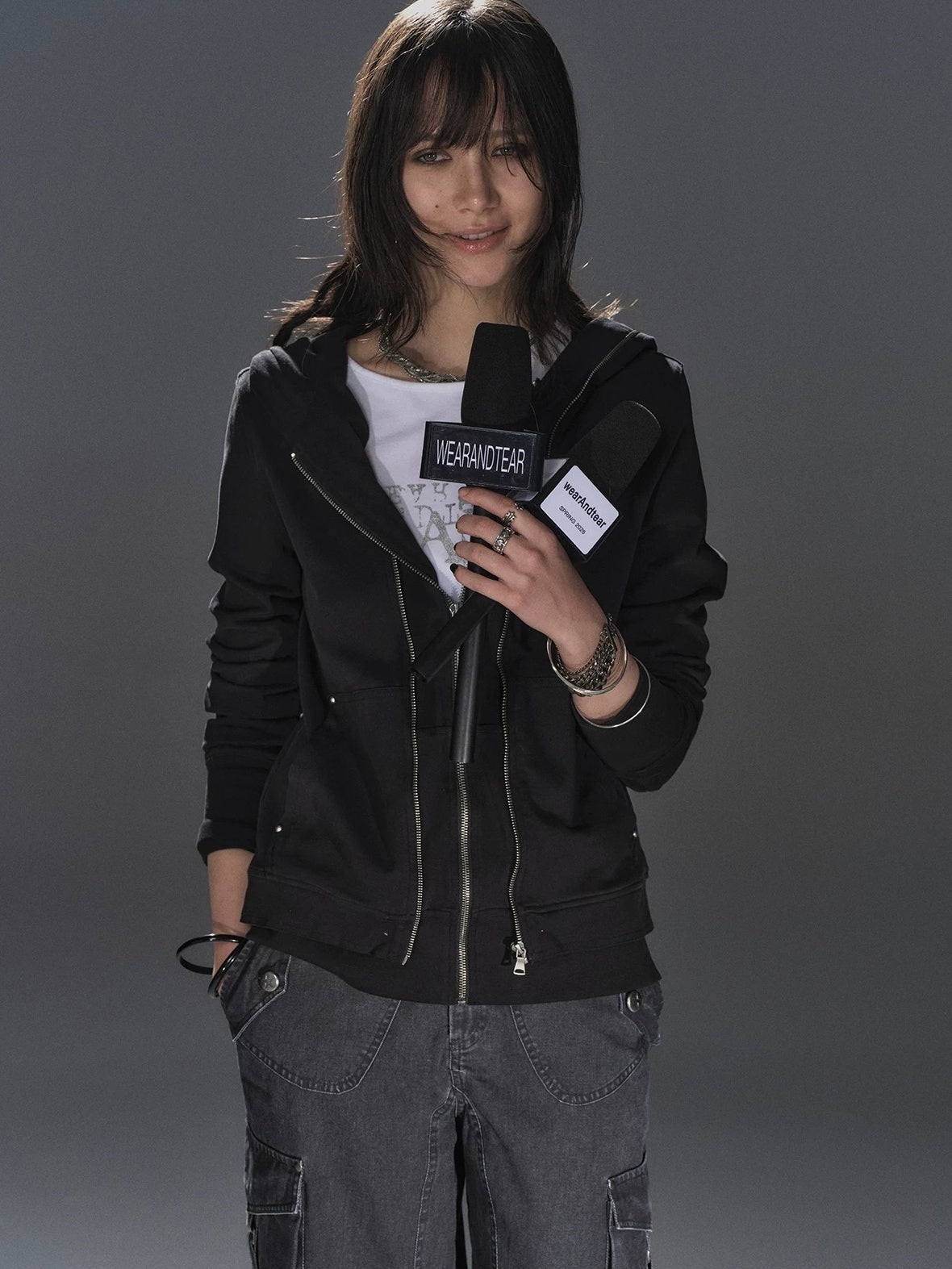 Pure Cotton Lightweight Slim Zip Punk Studded Hooded Women Black Pocket Hoodies