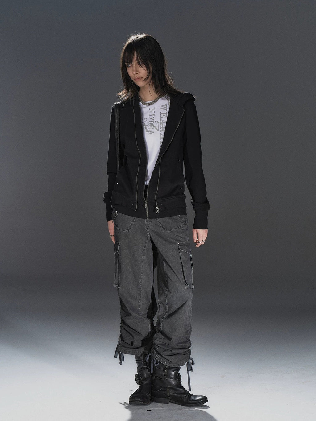 Pure Cotton Lightweight Slim Zip Punk Studded Hooded Women Black Pocket Hoodies
