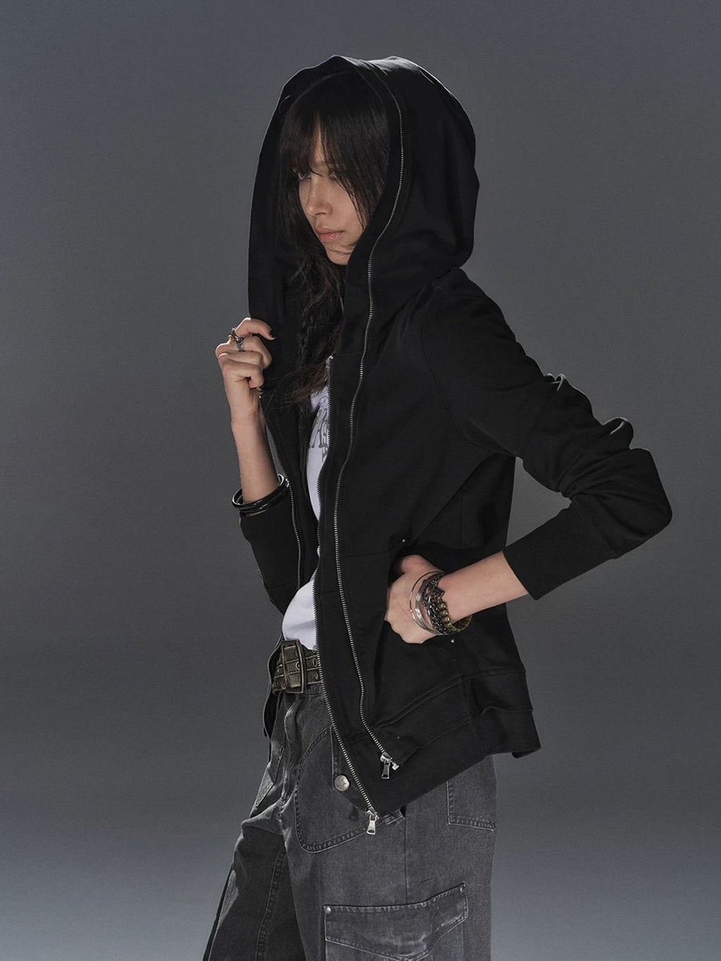 Pure Cotton Lightweight Slim Zip Punk Studded Hooded Women Black Pocket Hoodies