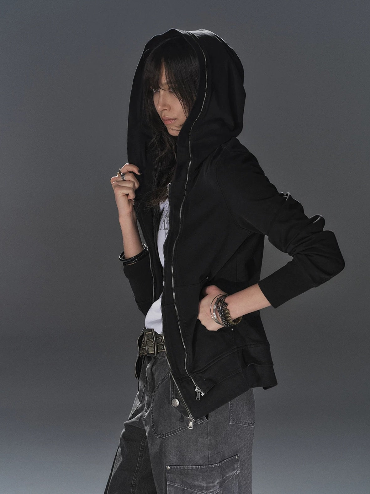 Pure Cotton Lightweight Slim Zip Punk Studded Hooded Women Black Pocket Hoodies