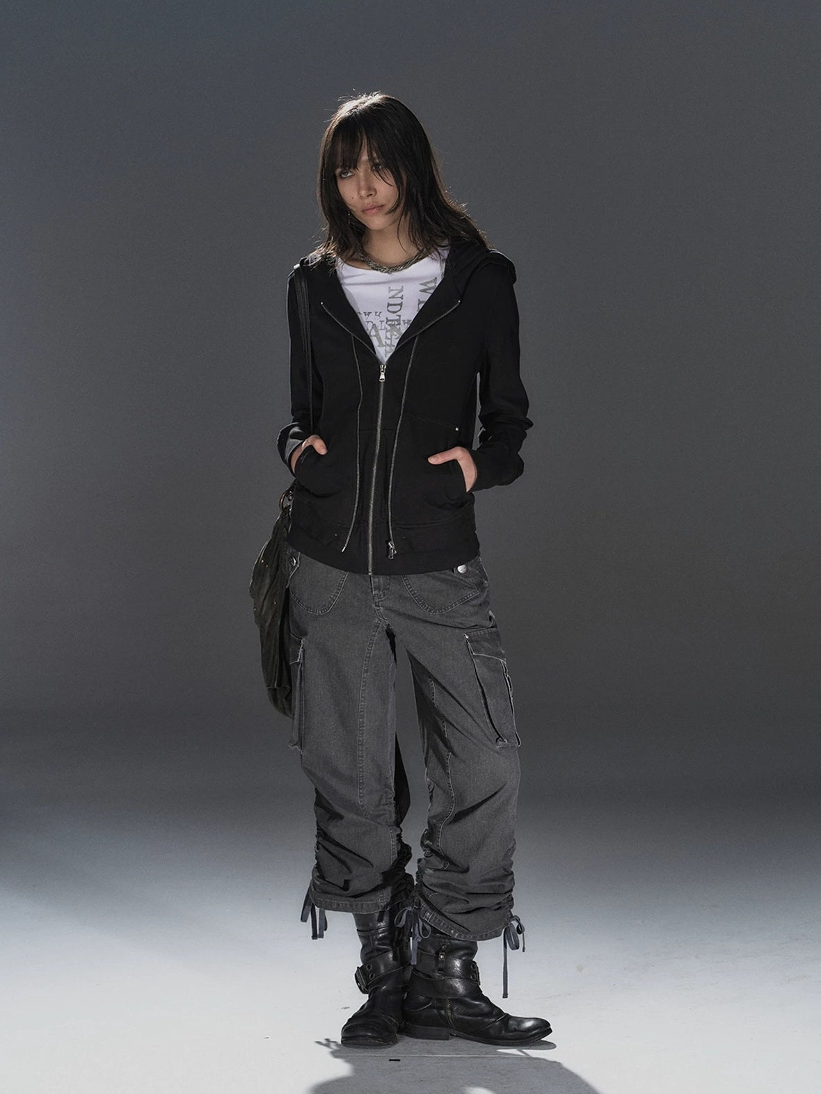 Pure Cotton Lightweight Slim Zip Punk Studded Hooded Women Black Pocket Hoodies