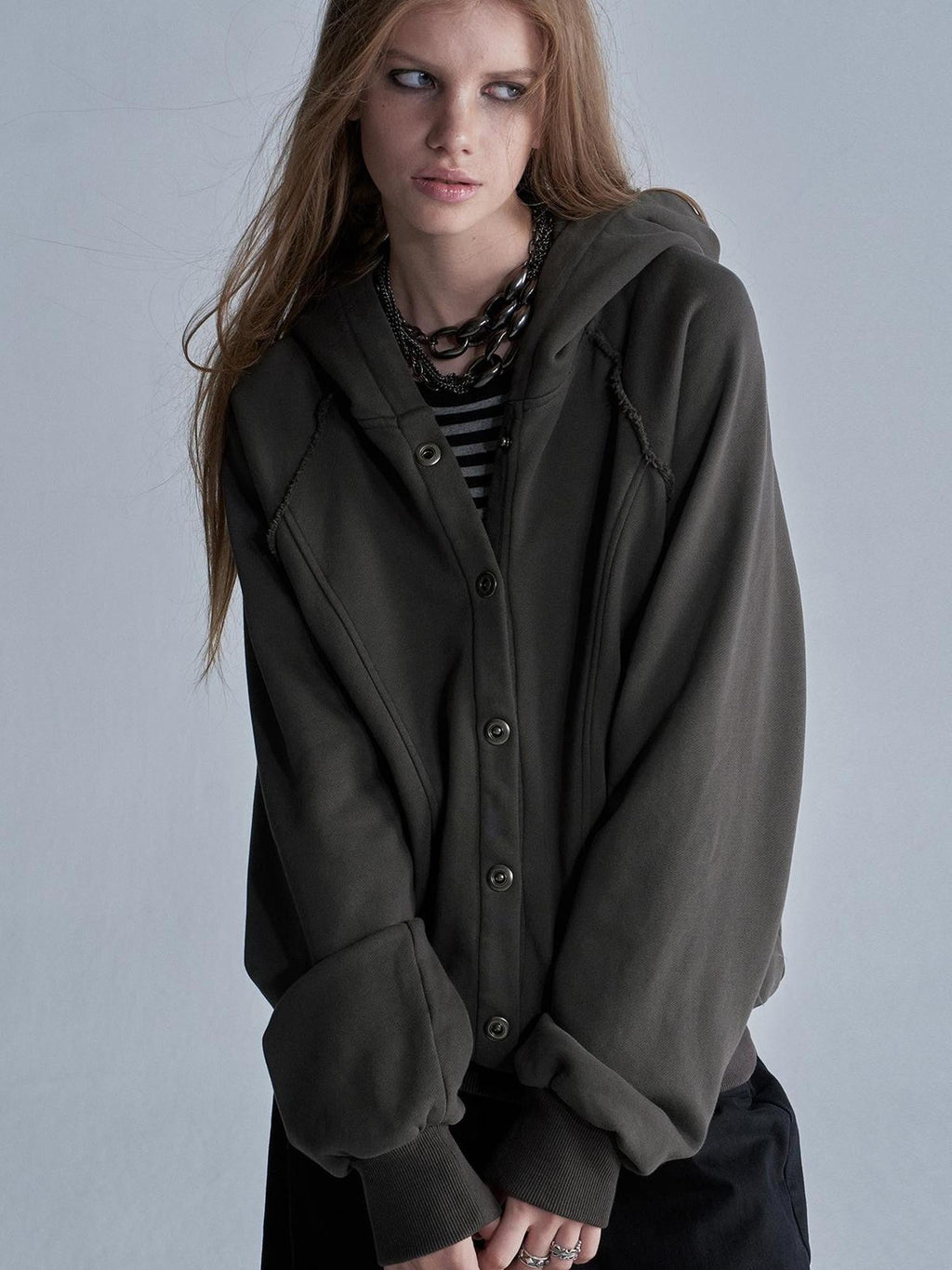 Raw Edge Raglan Sleeve Washed Loose Fit Women's Cotton Zip-up Hoodies