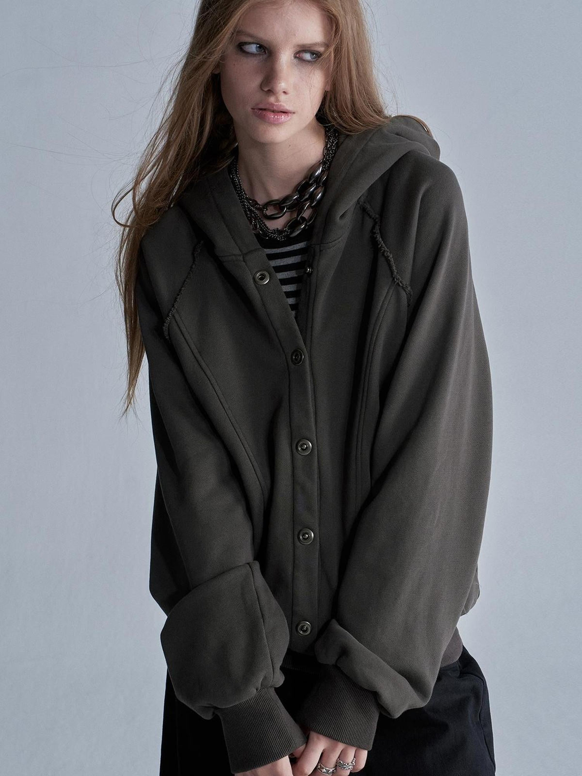 Raw Edge Raglan Sleeve Washed Loose Fit Women's Cotton Zip-up Hoodies