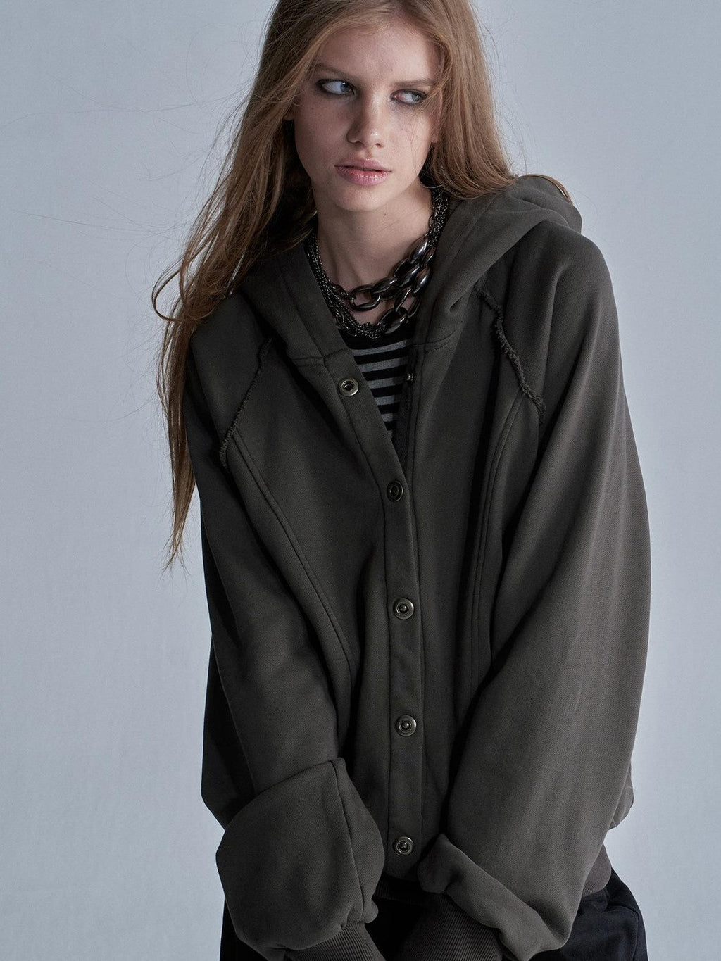 Raw Edge Raglan Sleeve Washed Loose Fit Women's Cotton Zip-up Hoodies