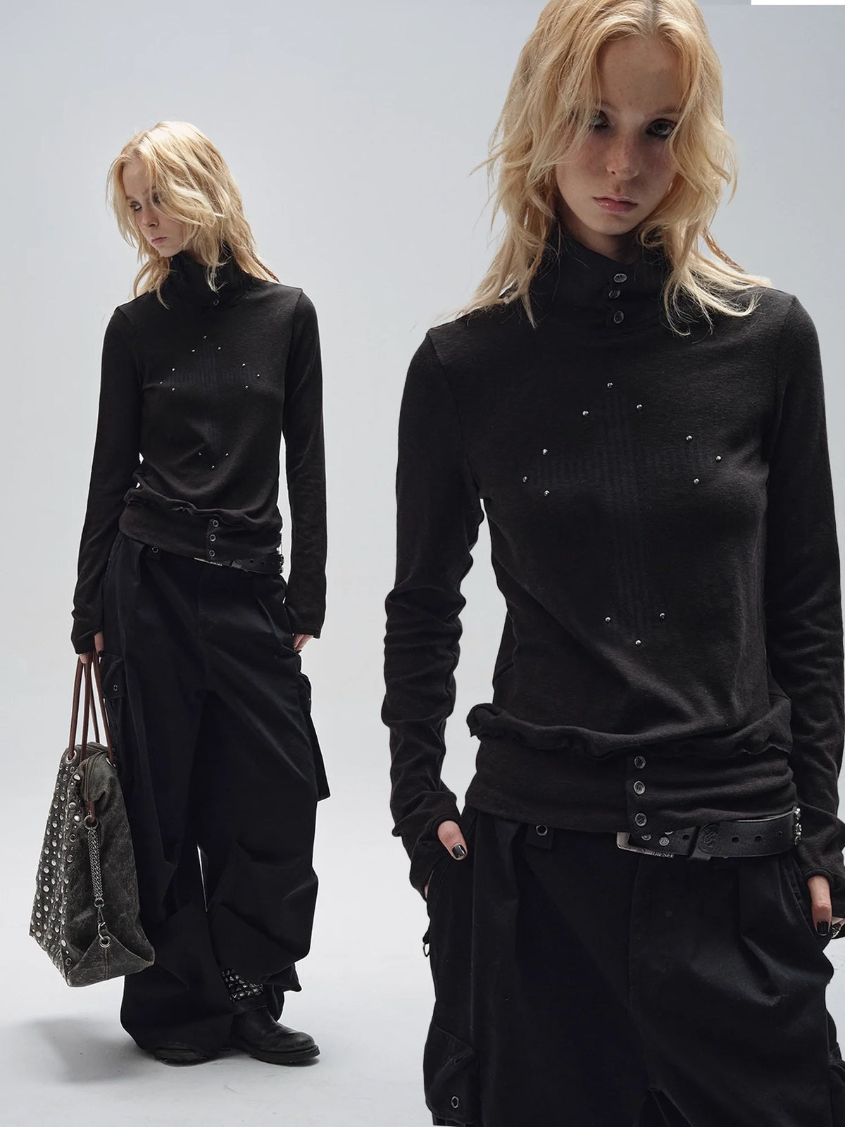 Ribbed Punk Mock Neck Long Sleeve Tee With Cross And Grommets
