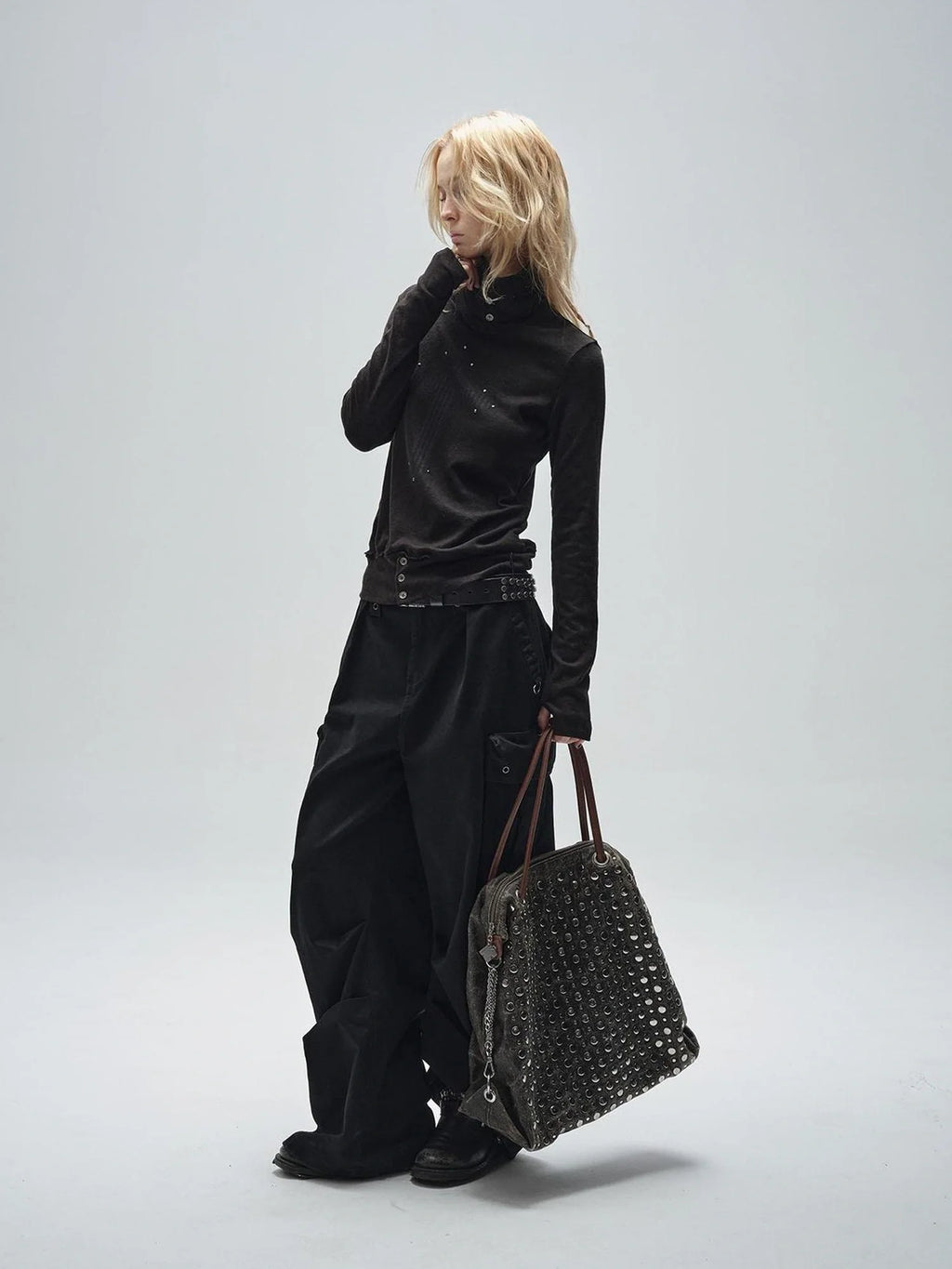 Ribbed Punk Mock Neck Long Sleeve Tee With Cross And Grommets