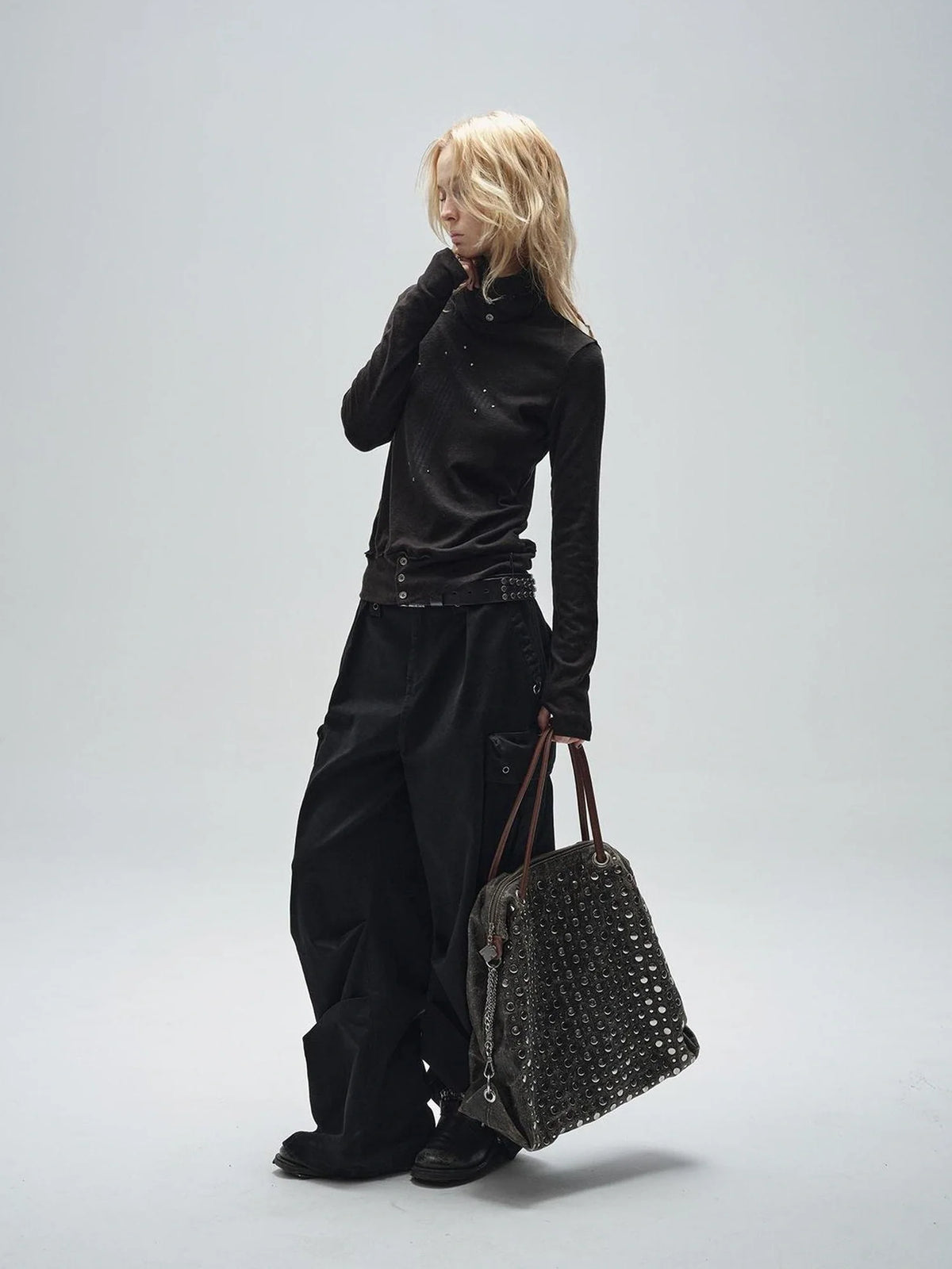 Ribbed Punk Mock Neck Long Sleeve Tee With Cross And Grommets