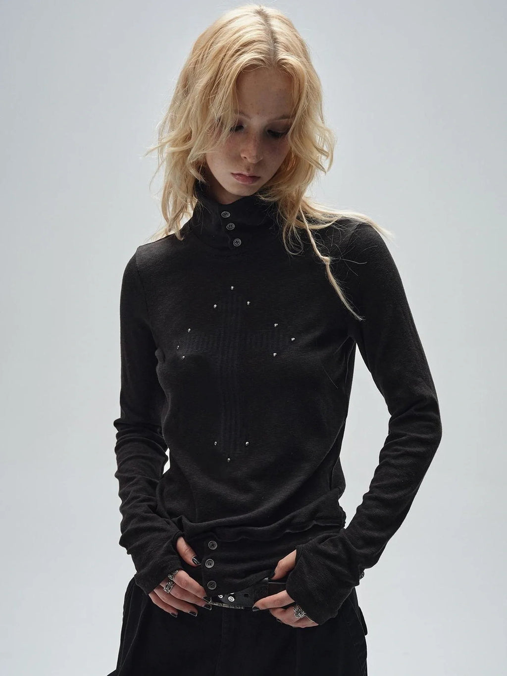Ribbed Punk Mock Neck Long Sleeve Tee With Cross And Grommets