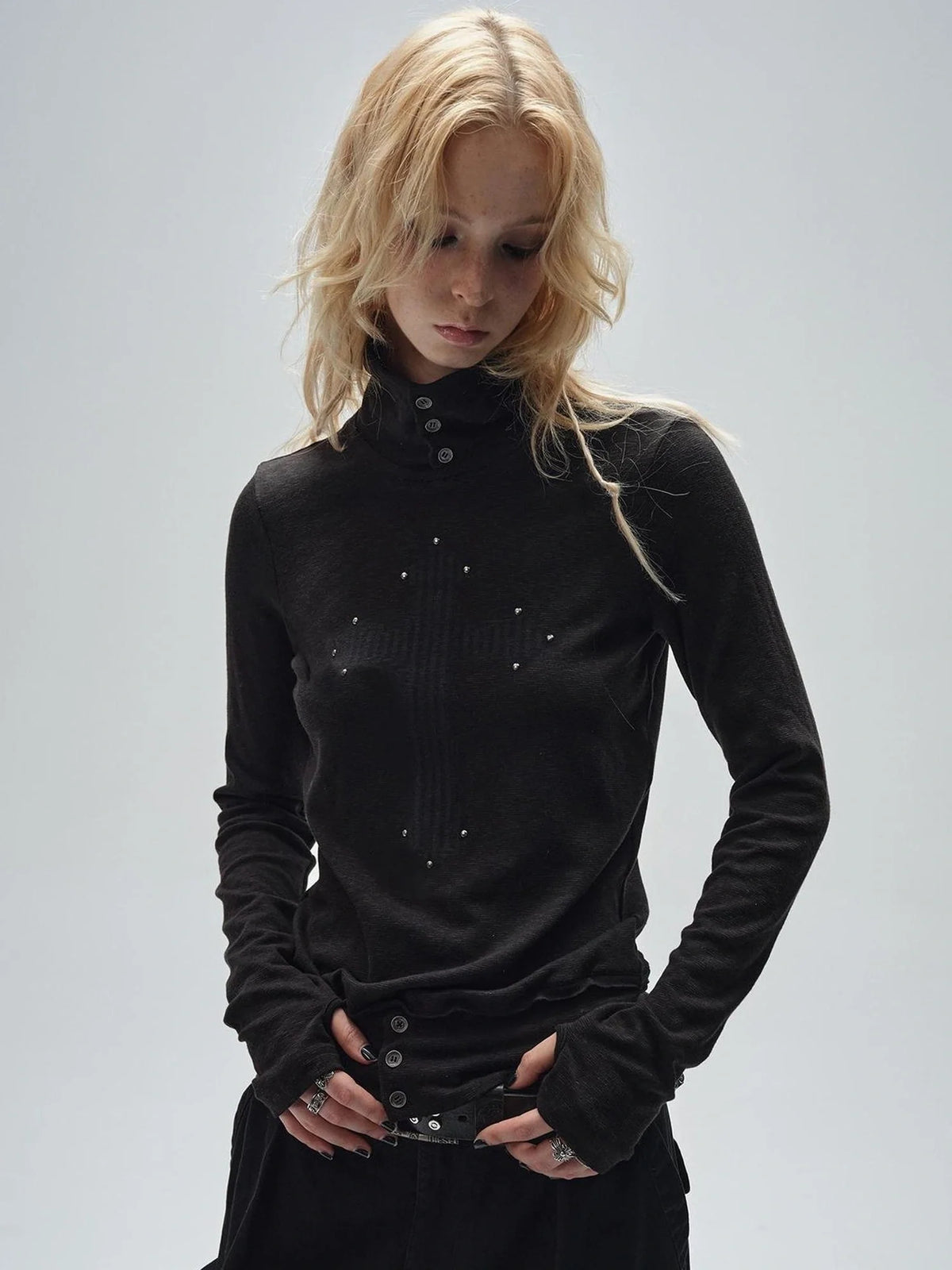 Ribbed Punk Mock Neck Long Sleeve Tee With Cross And Grommets