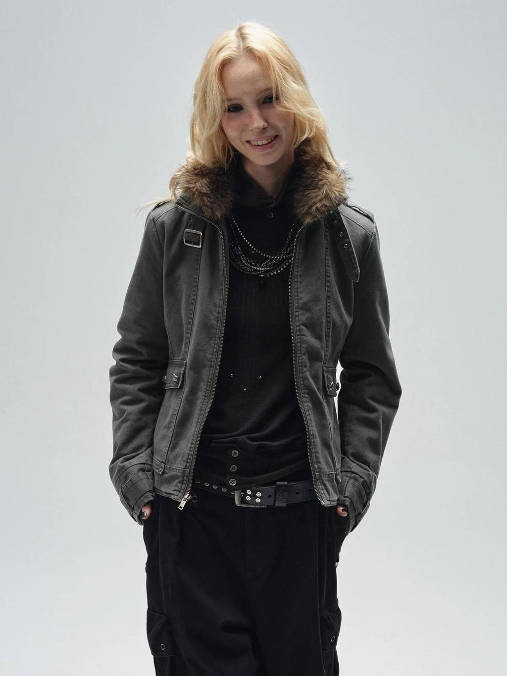 Ribbed Punk Mock Neck Long Sleeve Tee With Cross And Grommets