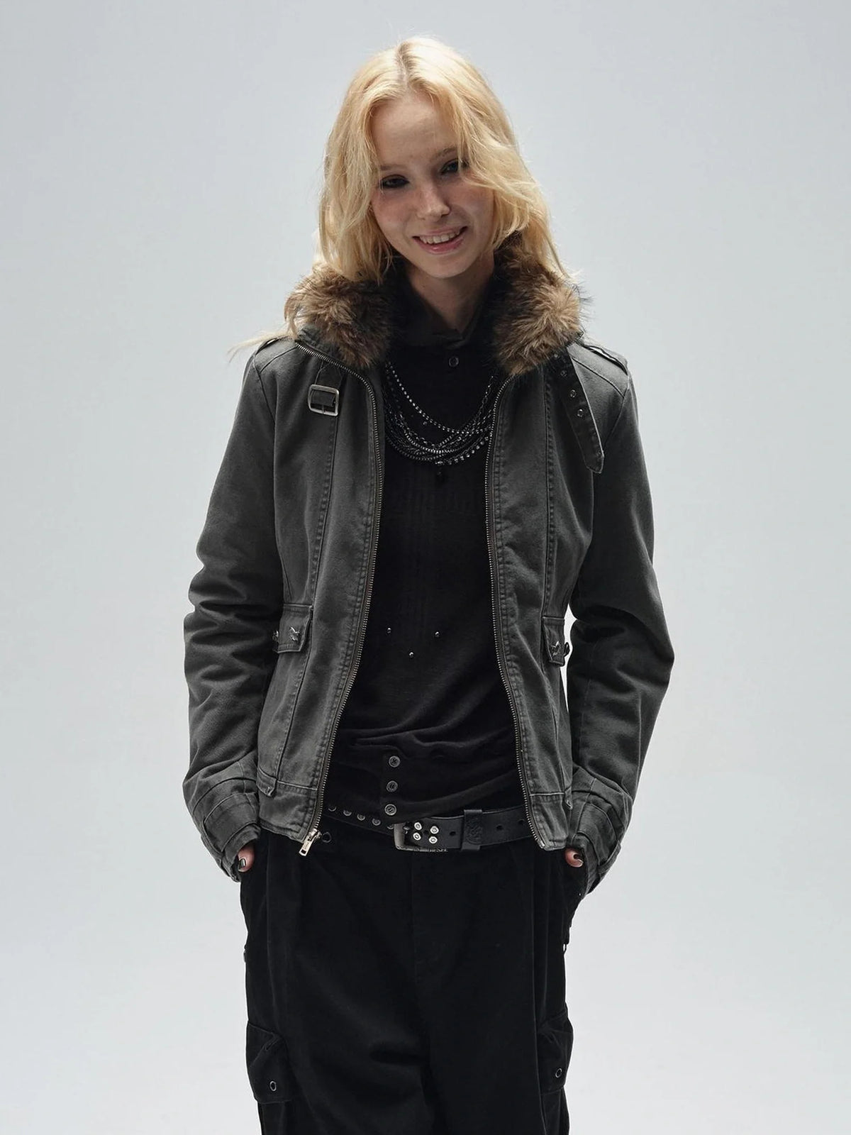 Ribbed Punk Mock Neck Long Sleeve Tee With Cross And Grommets