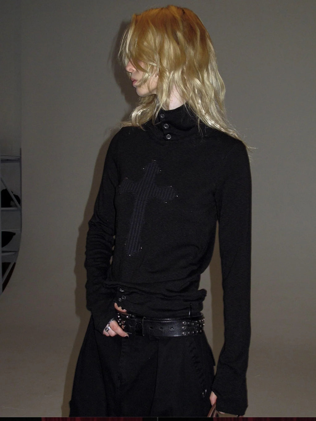 Ribbed Punk Mock Neck Long Sleeve Tee With Cross And Grommets