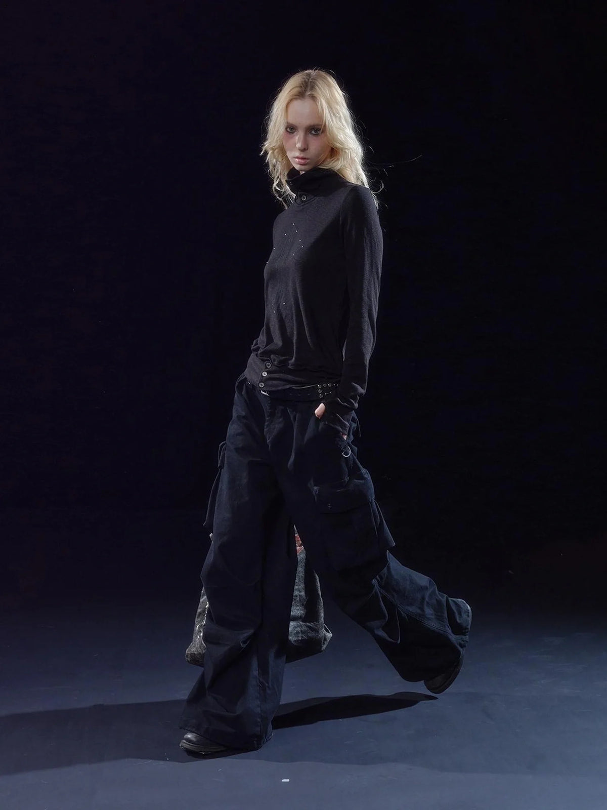 Ribbed Punk Mock Neck Long Sleeve Tee With Cross And Grommets