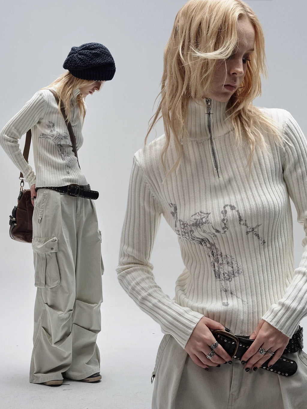 Ribbed White Punk Zip Neck Sweater