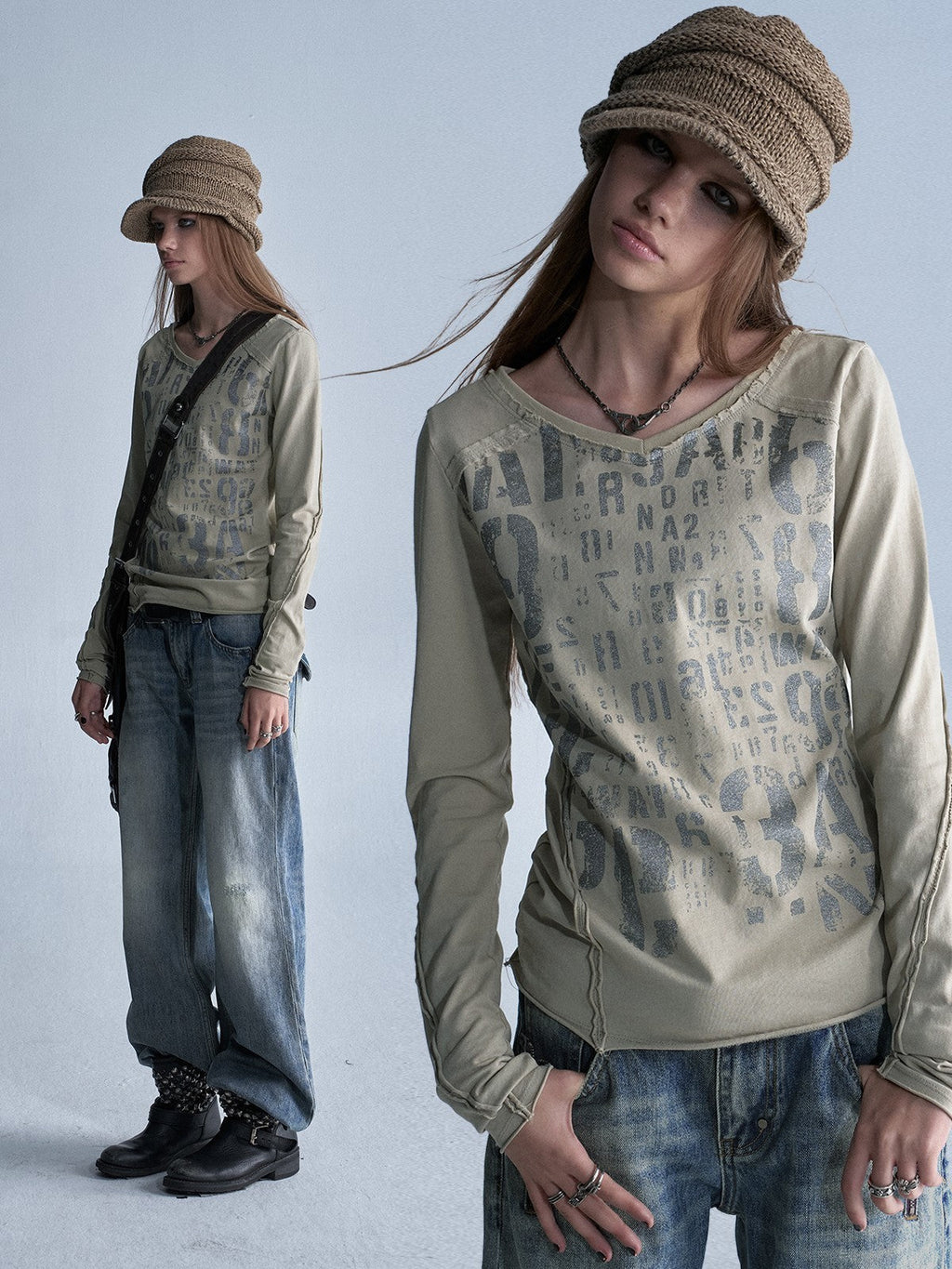 Silver Allover Print Asymmetric V-neck Women's Cotton Long Sleeve T-shirts