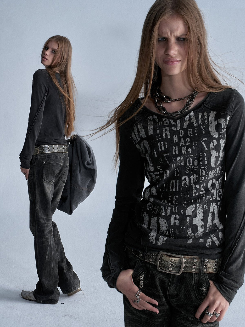 Silver Allover Print Asymmetric V-neck Women's Cotton Long Sleeve T-shirts