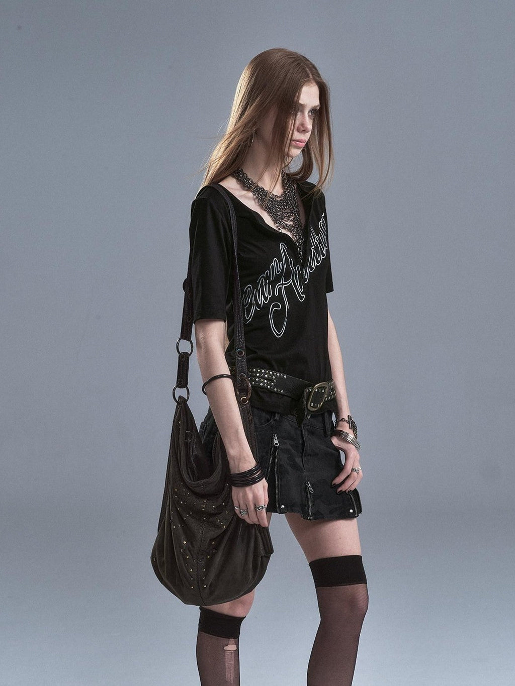Silver Letter Print Half Zip Punk Slim Women'S Cotton Poly Short Sleeve T-Shirts