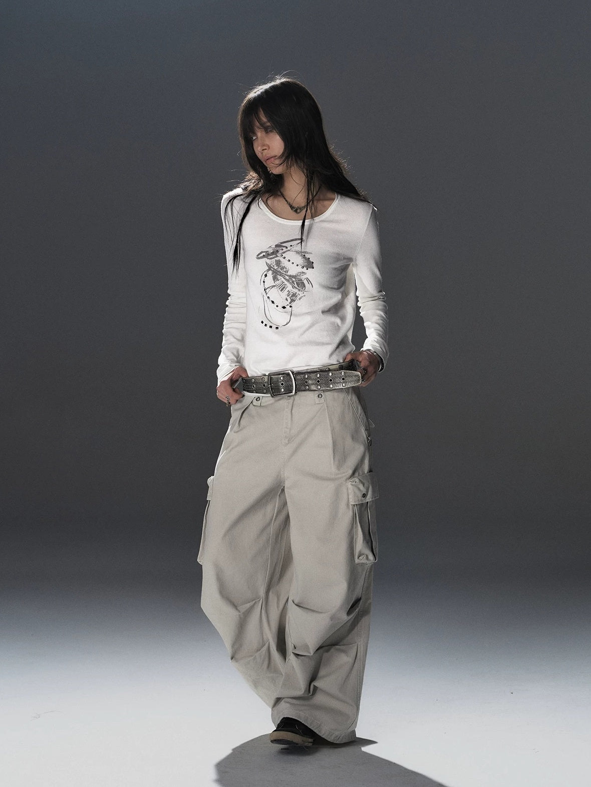 Soft Punk Studded Printed Women Slim Long Sleeve Cotton Crew Neck T-Shirt