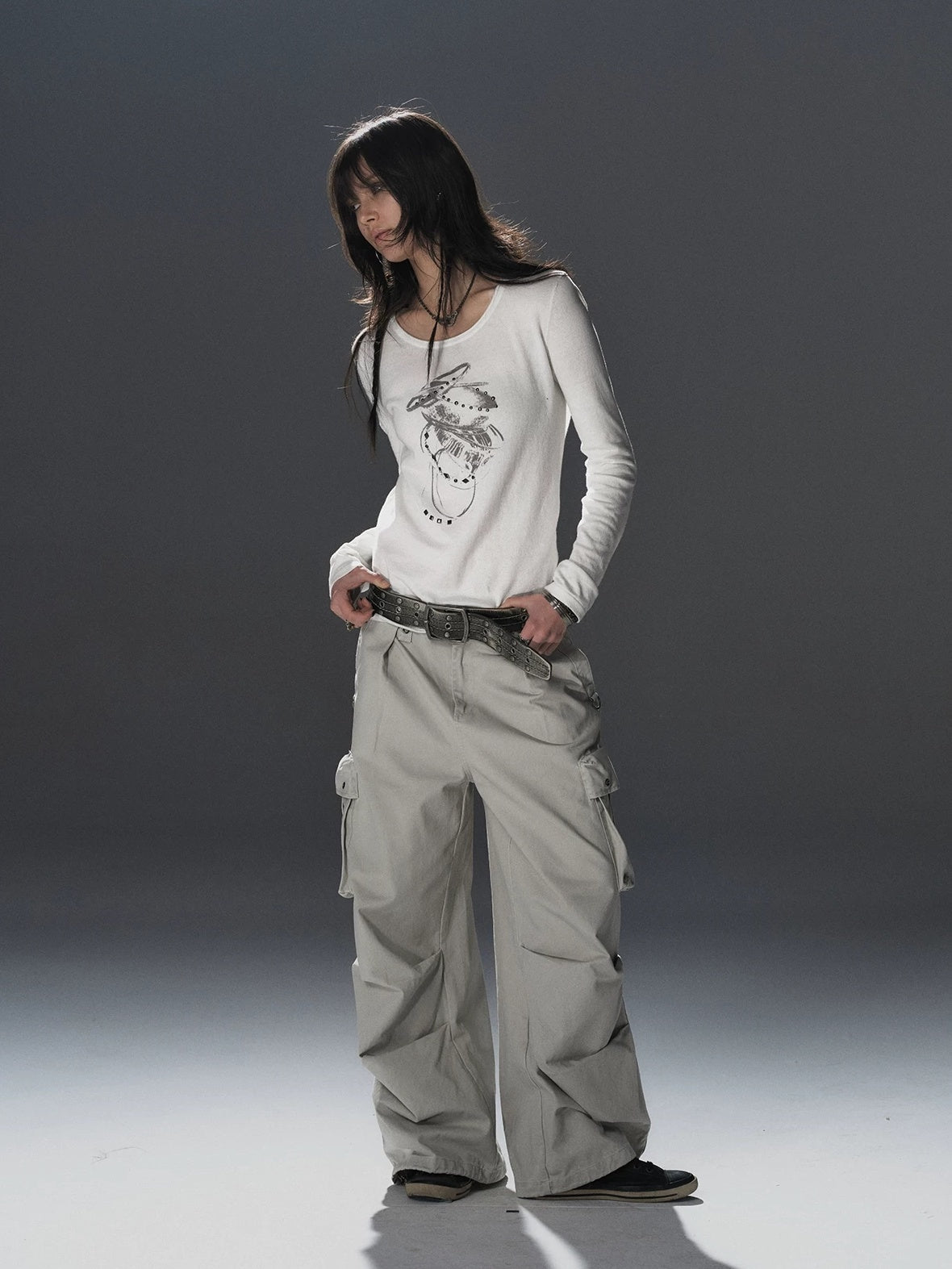 Soft Punk Studded Printed Women Slim Long Sleeve Cotton Crew Neck T-Shirt
