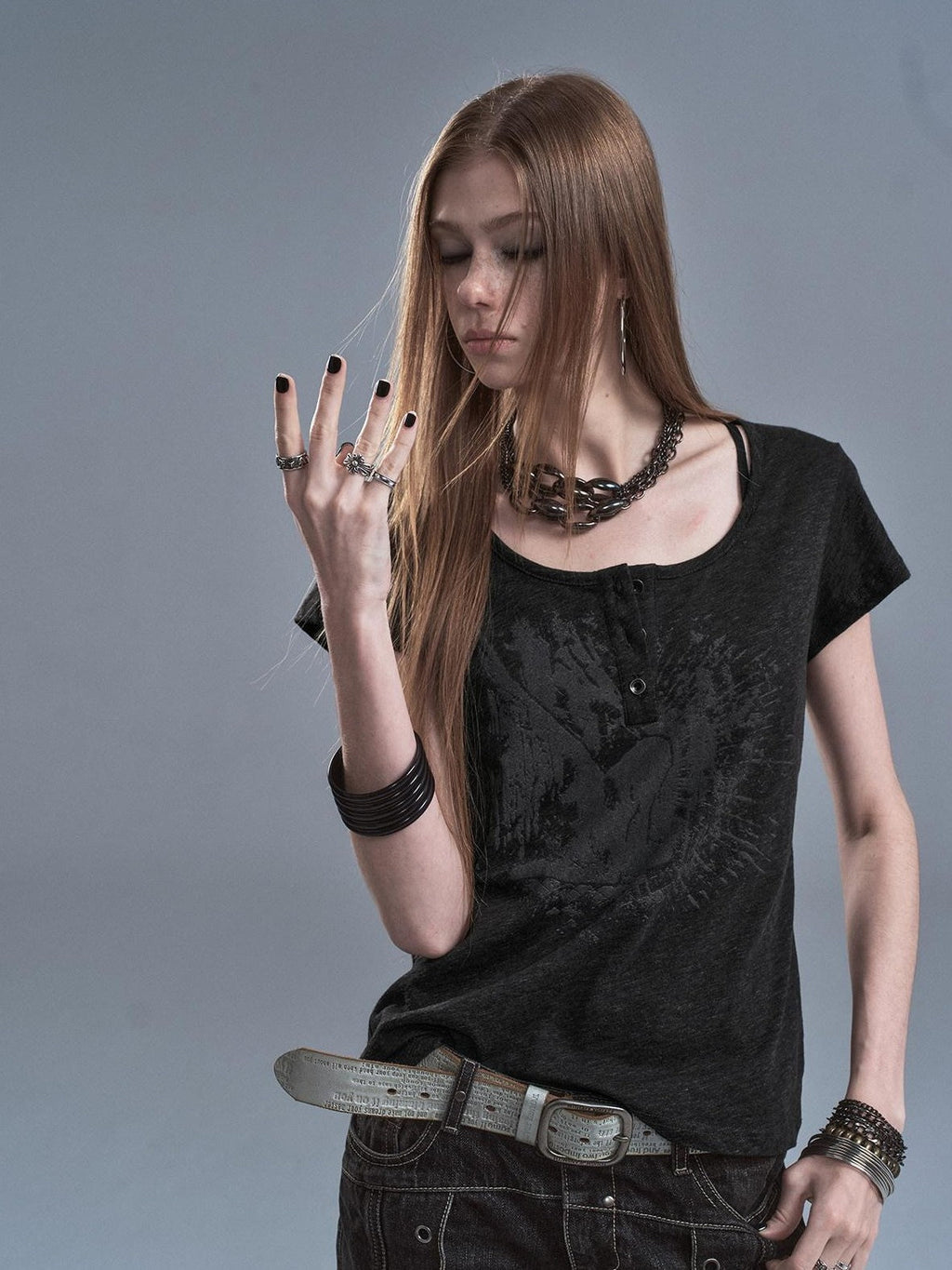 Speckled Gray Printed Henley Placket Slim Women'S Short Sleeve T-Shirts