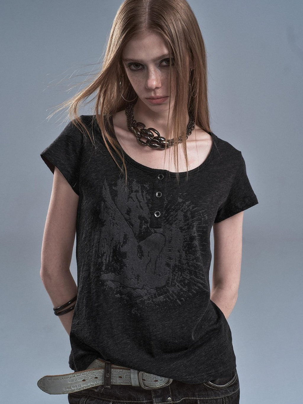 Speckled Gray Printed Henley Placket Slim Women'S Short Sleeve T-Shirts