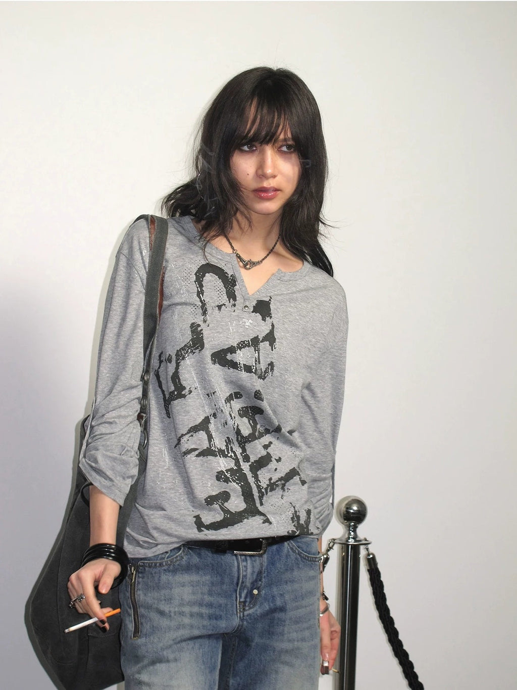 Studded Punk Letter Print V Neck Loose Puff Long Sleeve Women Light Gray T-Shirt