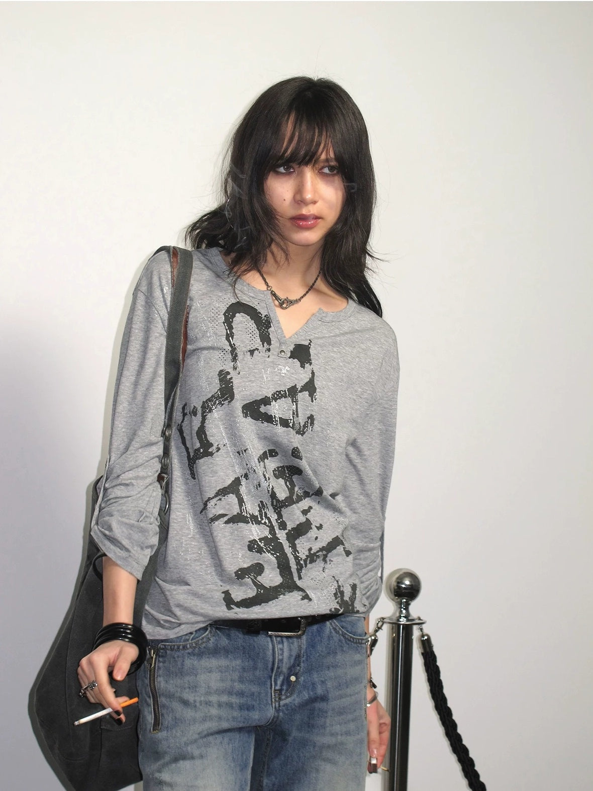 Studded Punk Letter Print V Neck Loose Puff Long Sleeve Women Light Gray T-Shirt